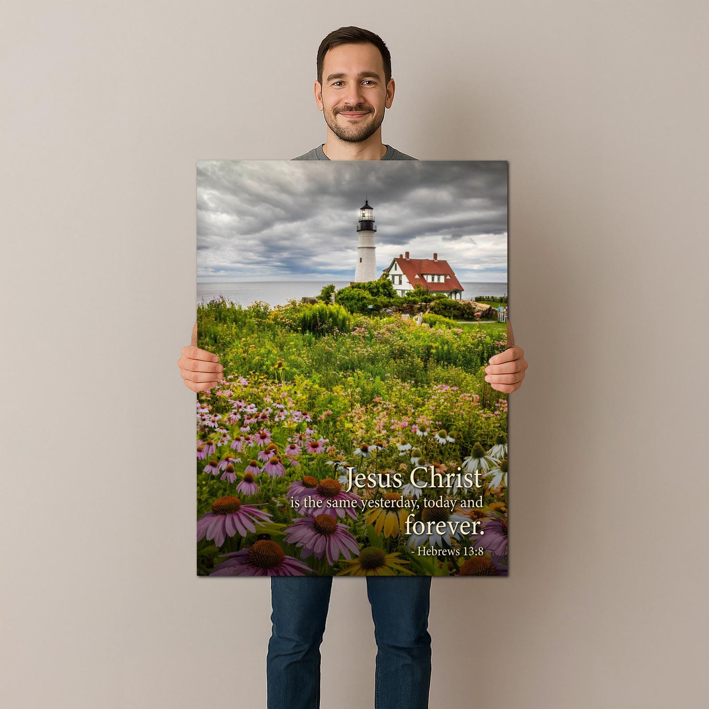 Lighthouse Wall Art – Portland Head Light Christian Wall Decor With Hebrews 13 8 Print