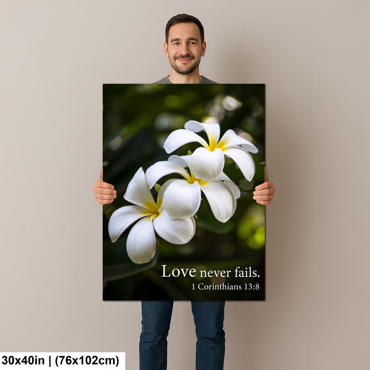 1 Corinthians 13:8 Love Never Fails Bible Quote White Plumeria Flowers Inspirational Photography Print