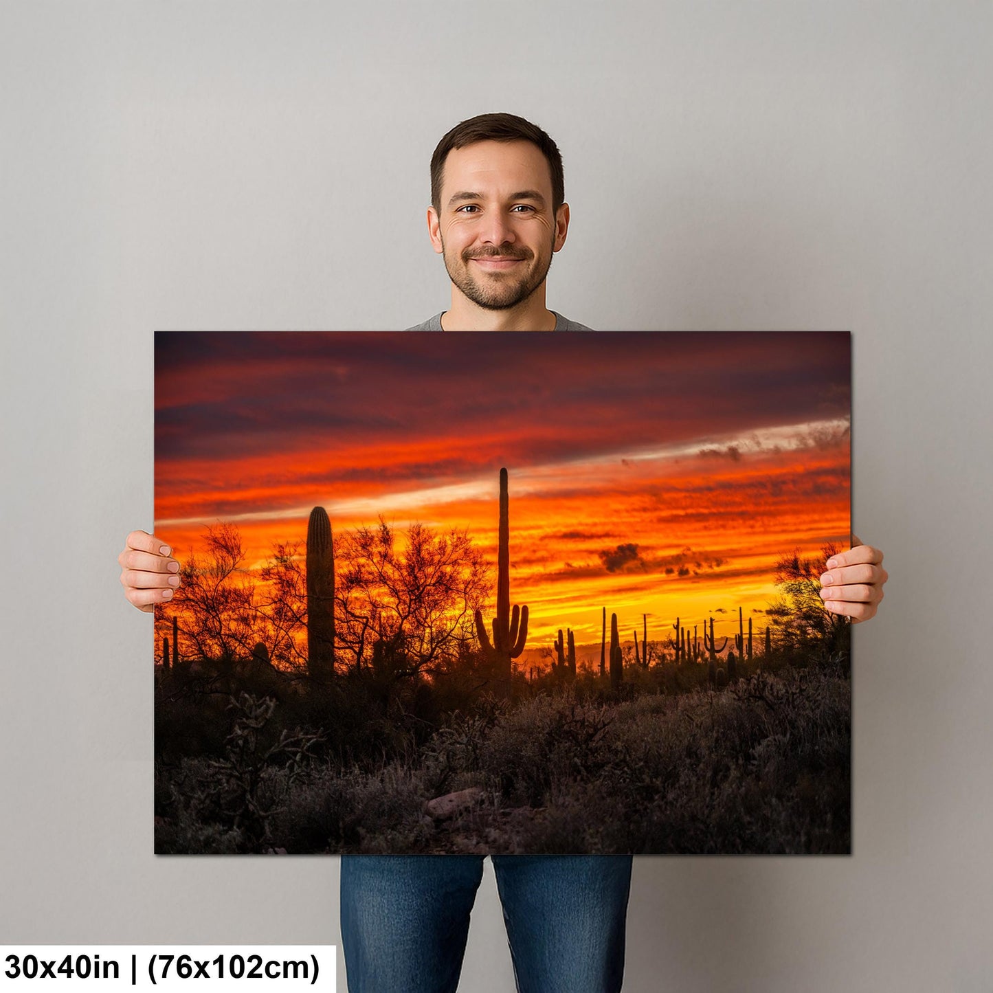 Gold Canyon Sunset Silhouettes, Hieroglyphic Trail Arizona Saguaro Cactus Desert Wall Art