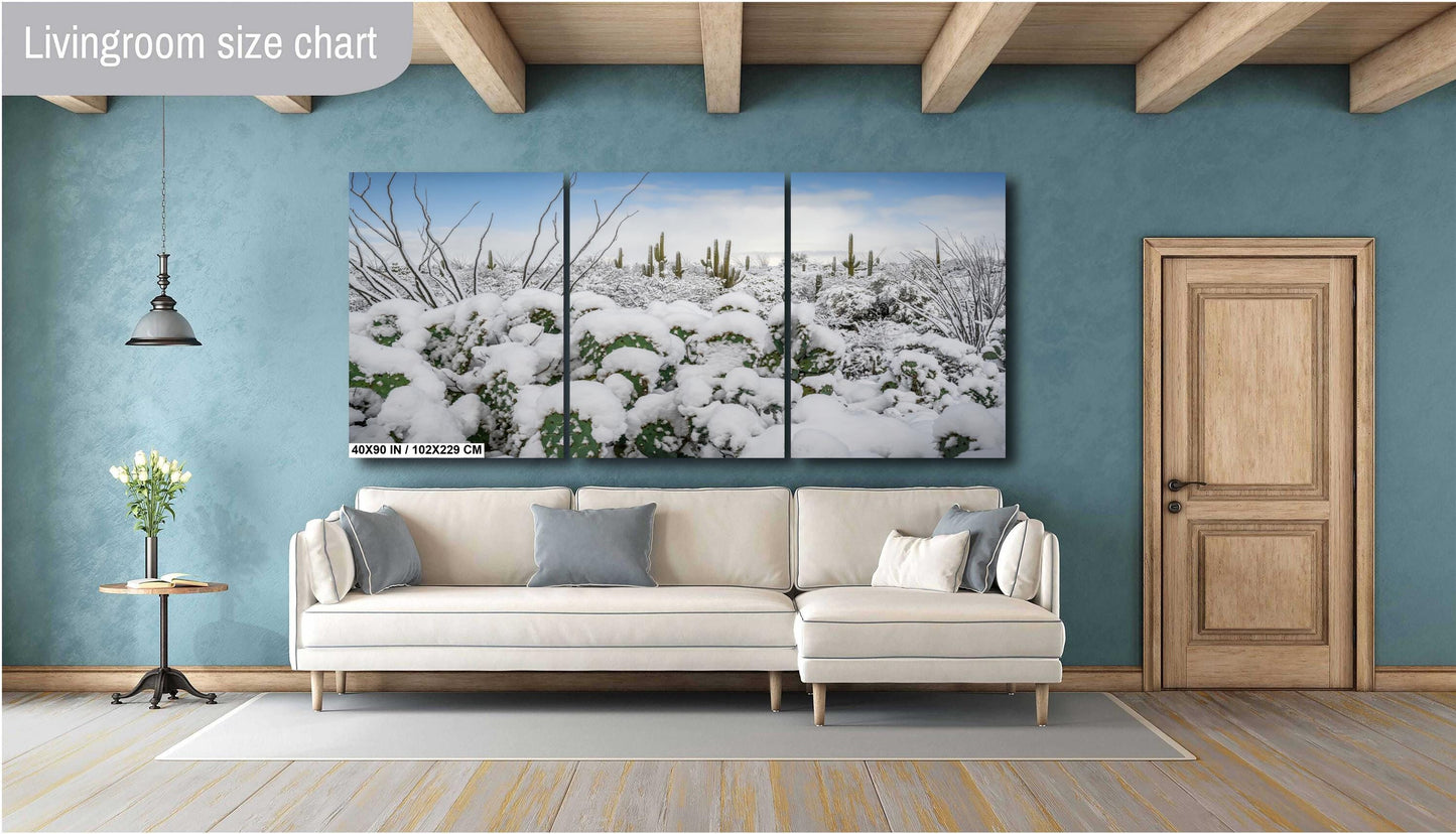 Saguaro Cactus Wall Art – Snowy Desert Print | Tucson Arizona Winter Decor