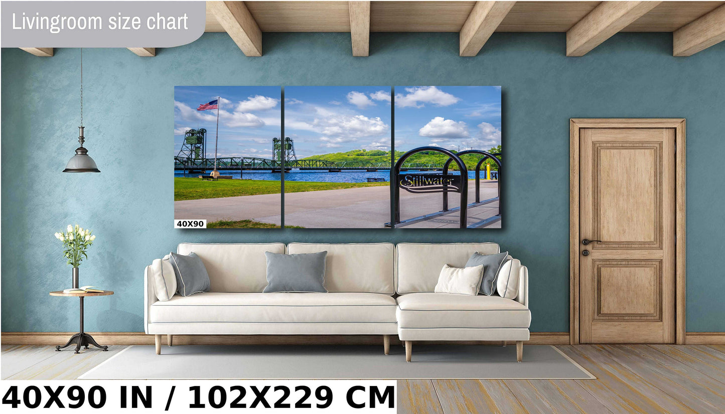 Stillwater Lift Bridge US Flag: St Croix River, Minnesota Photography Wall Art
