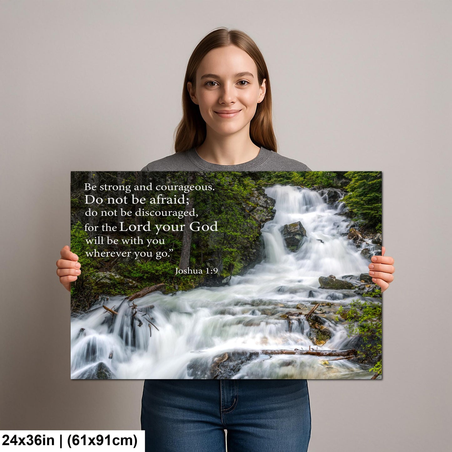 Joshua 1:9 Be Strong and Courageous, Waterfall Photography Print, Christian Scripture Wall Decor for Home or Office