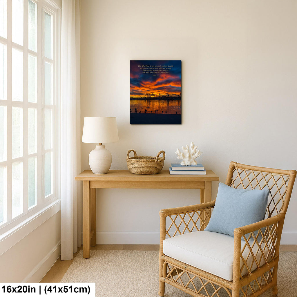 Christian Wall Art – Psalm 28:7 Bible Verse Print | Arizona Sunset Art Decor