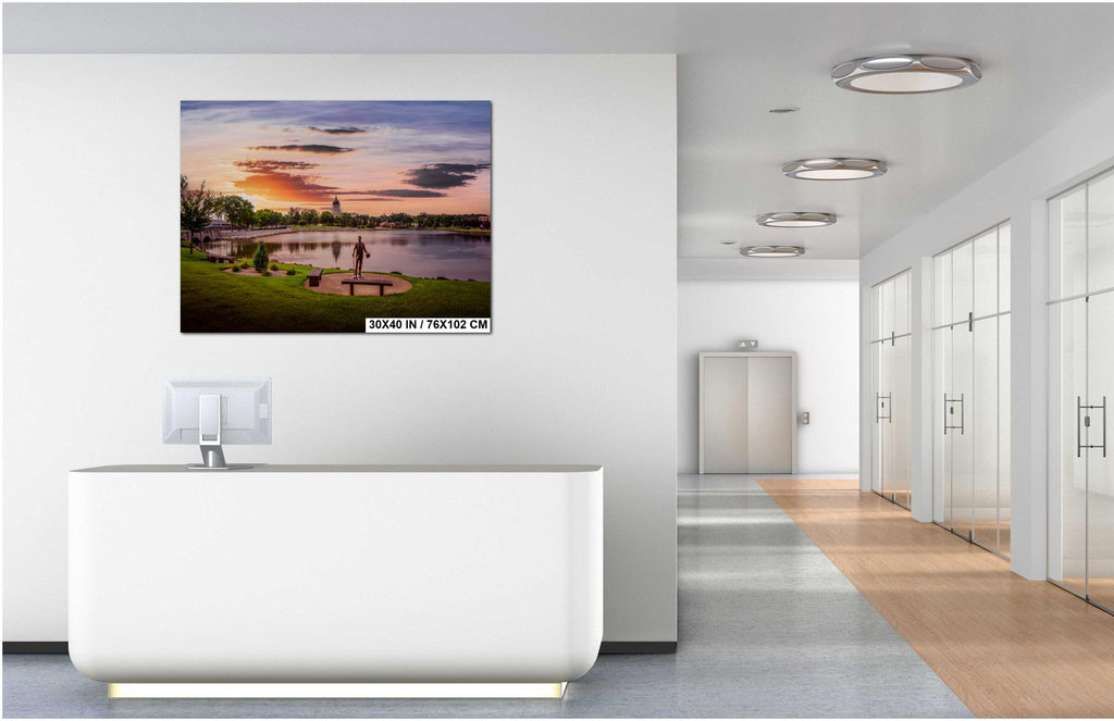 Capitol Lake Sunset: Pierre SD Bronze Statue Photography Wall Art