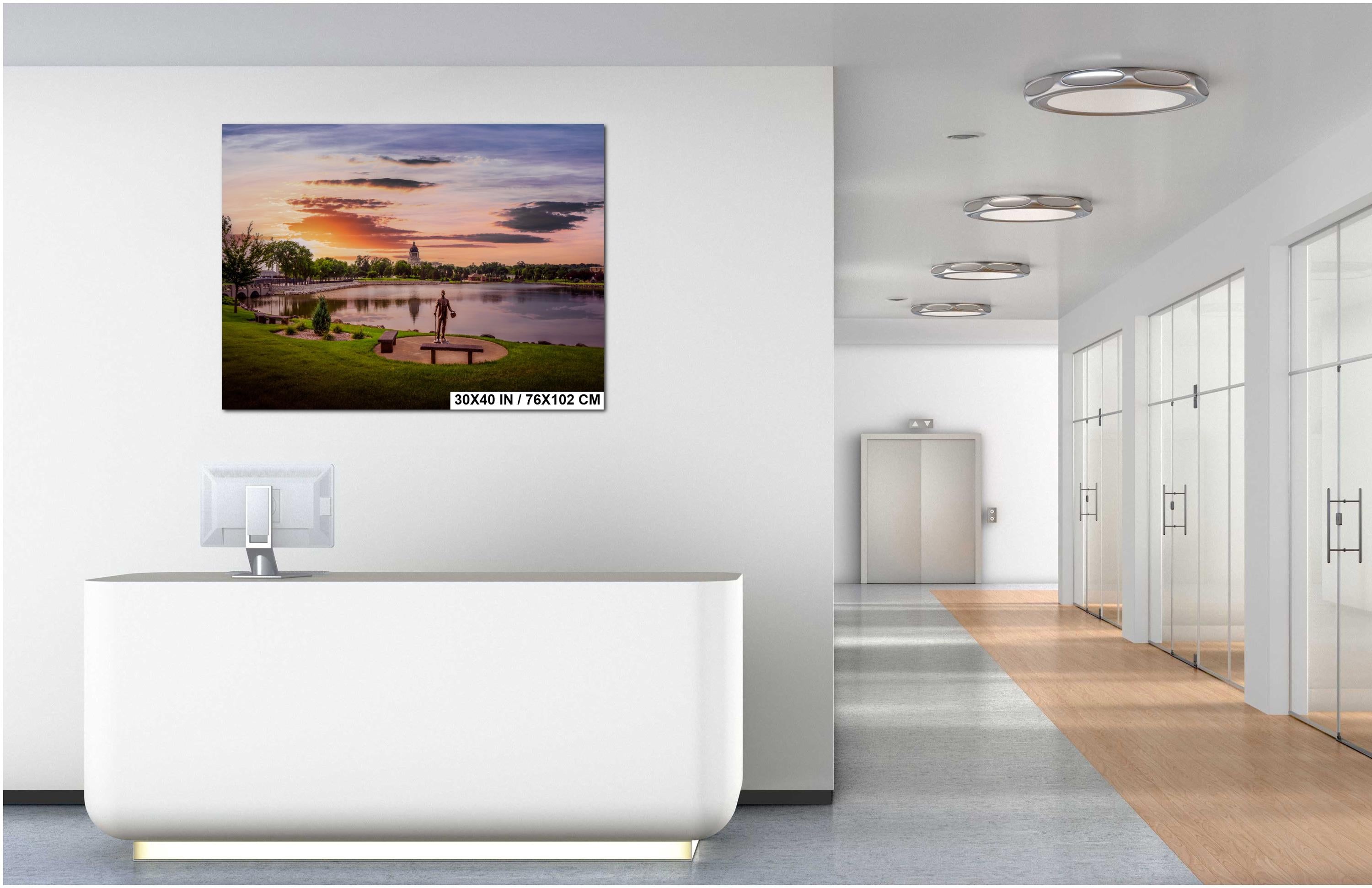 Capitol Lake Sunset: Pierre SD Bronze Statue Photography Wall Art