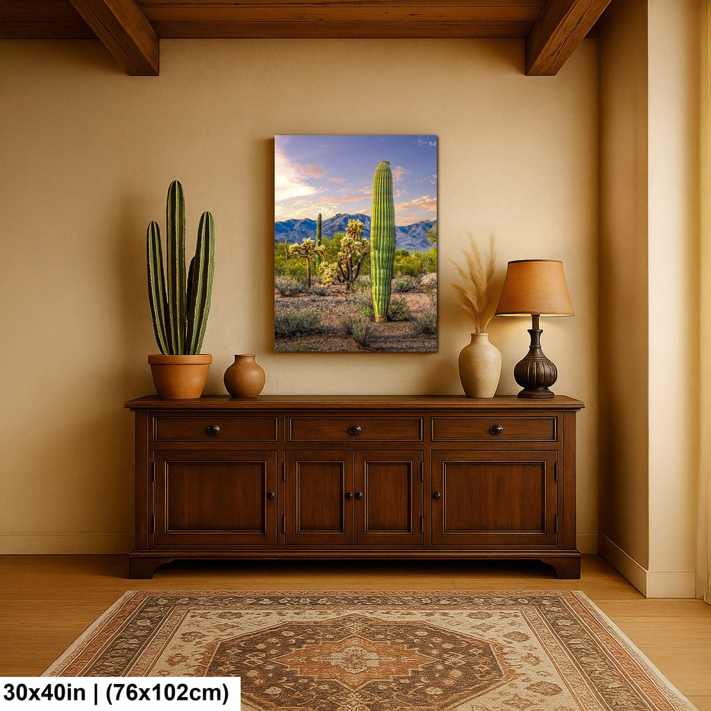 Golden Hour Saguaros and Cholla in Bloom Desert Photography Print, Tucson Arizona Southwest Wall Art Decor