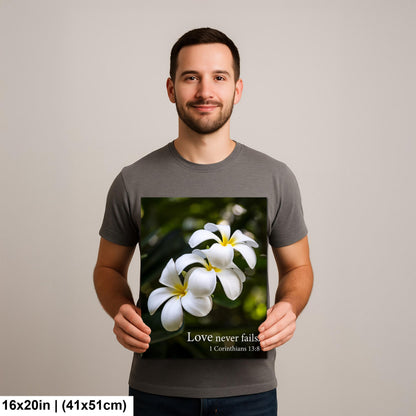 1 Corinthians 13:8 Love Never Fails Bible Quote White Plumeria Flowers Inspirational Photography Print