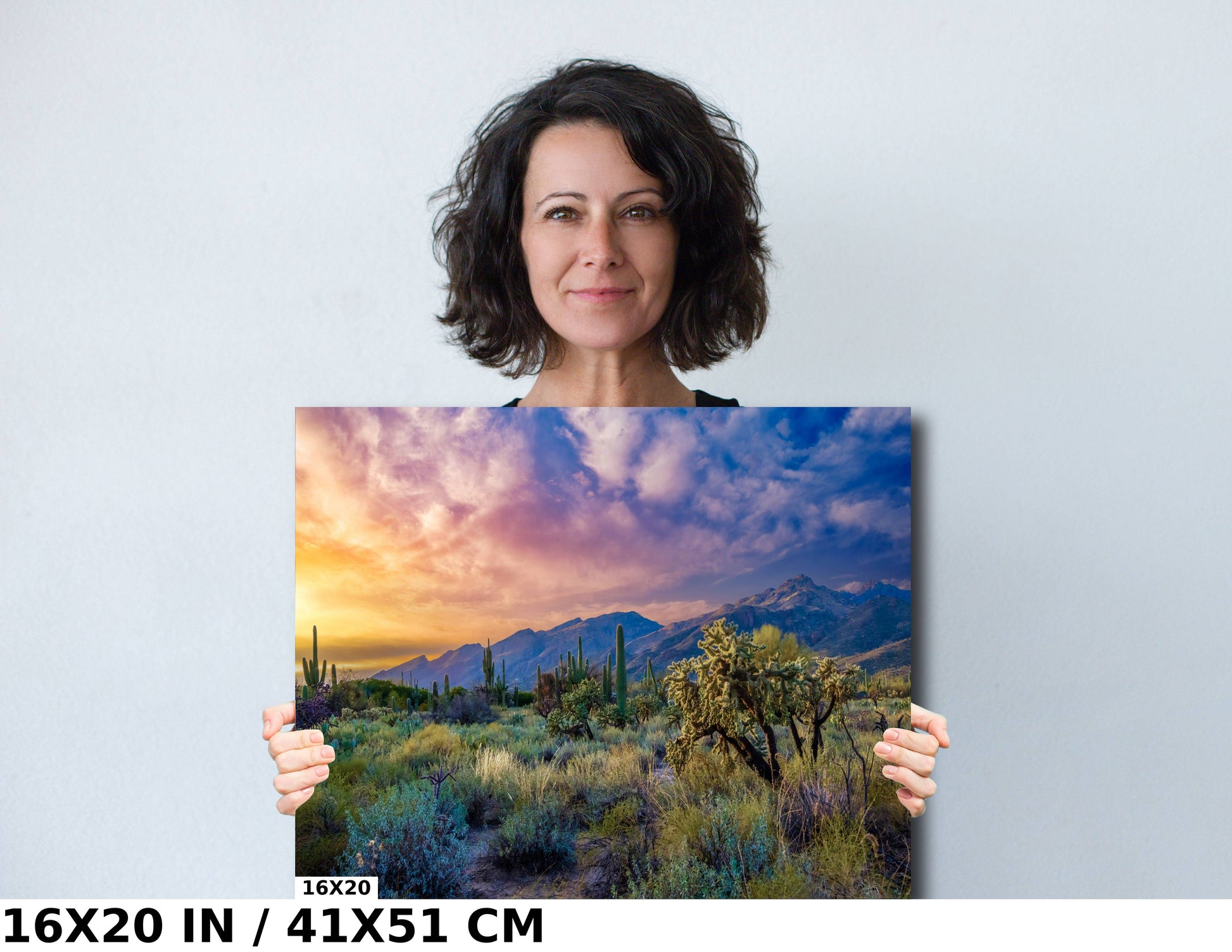 a woman holding up a picture of a desert