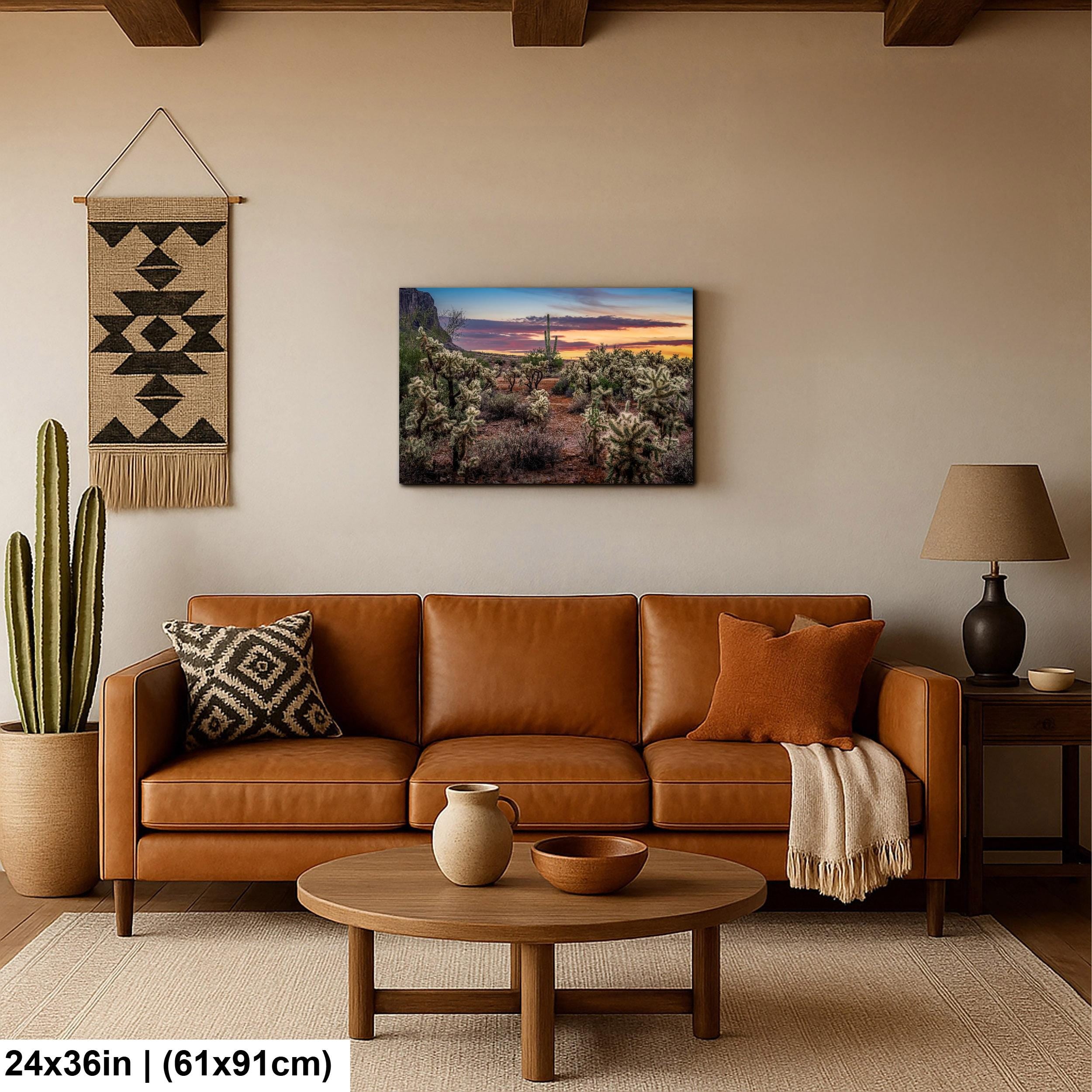 Desert Sunset Photograph, Cholla Cactus and Saguaros, Arizona Landscape Wall Art