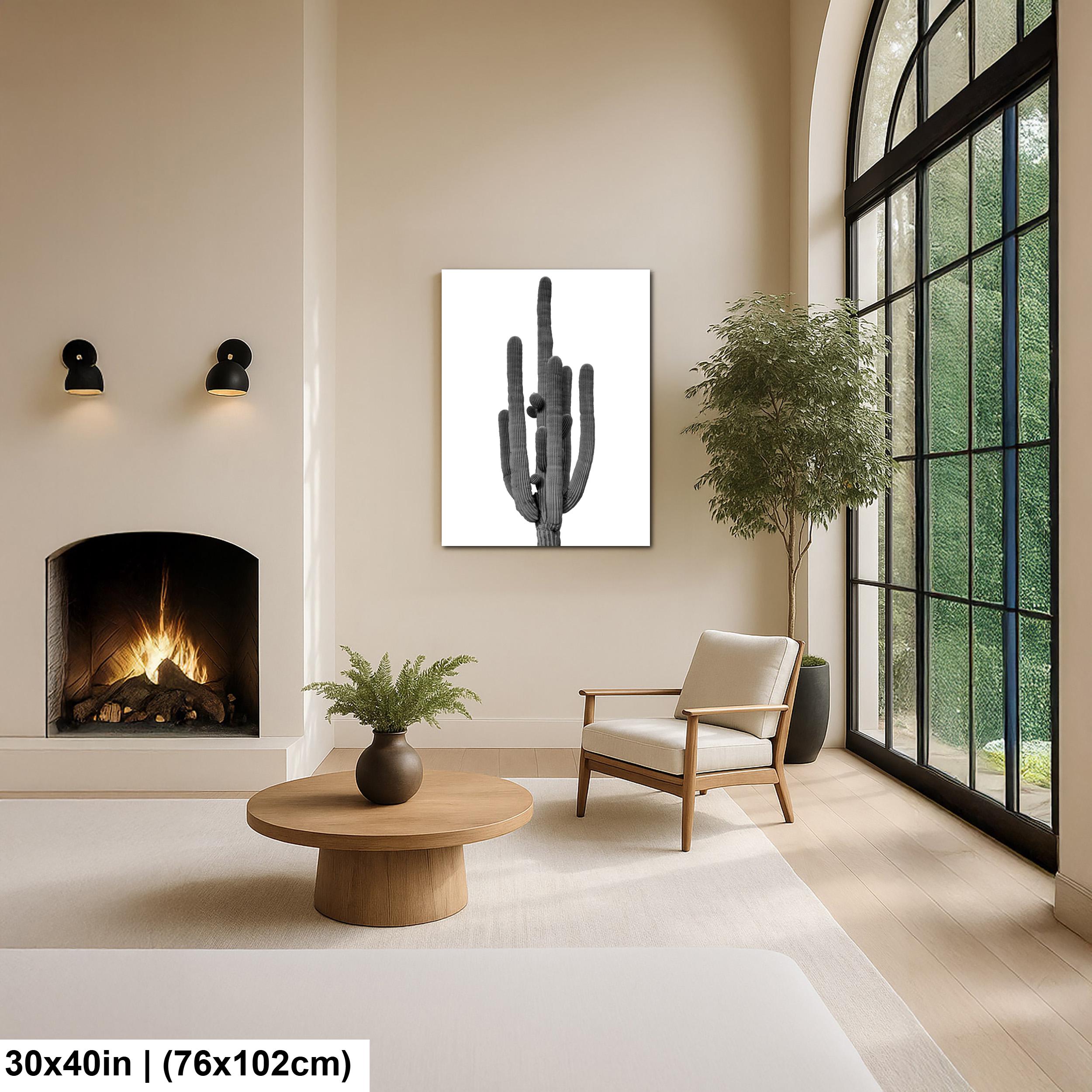 Modern living room with a fireplace, armchair, coffee table, and cactus wall art print.