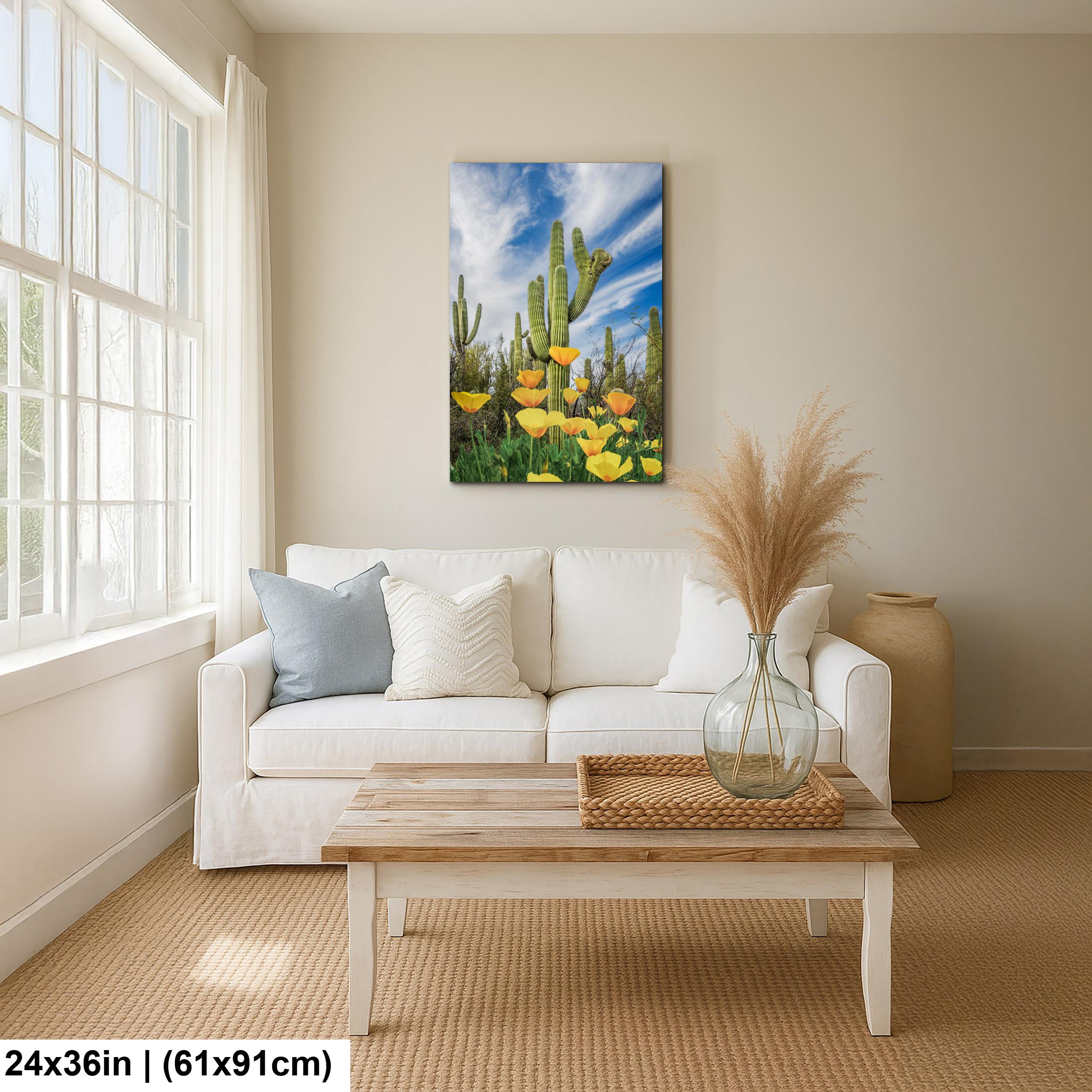 Mexican Gold Poppies Beneath Saguaros - Catalina State Park Tucson Arizona Photography Print