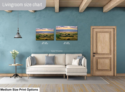 Living room with a sofa, side table, and two wall art prints on a blue wall.