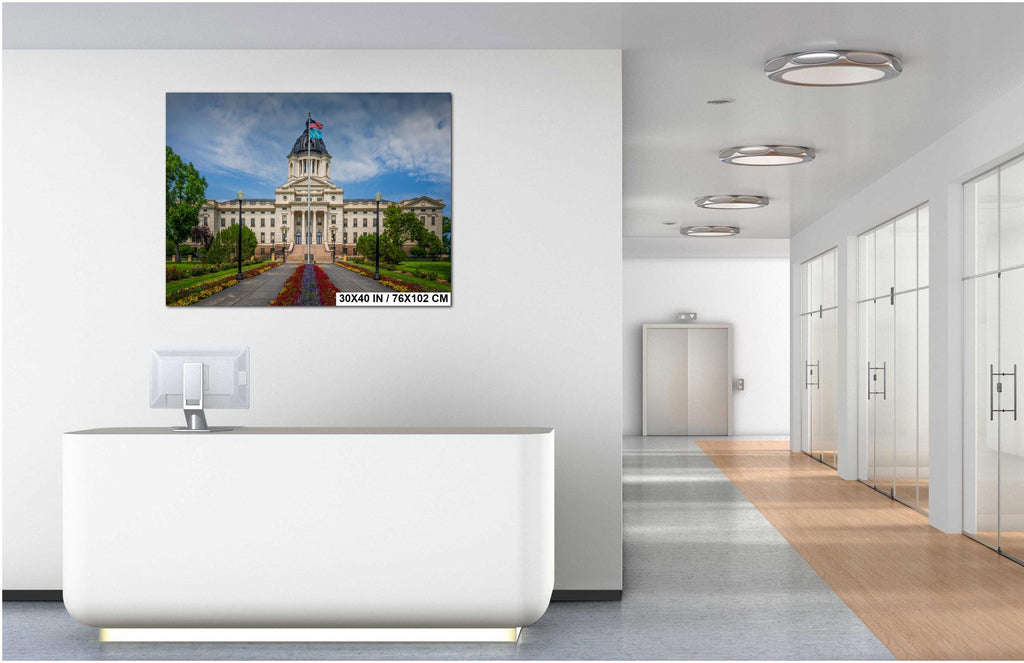 South Dakota Capitol Building Pierre SD, Flower Garden Flags Photography Wall Art