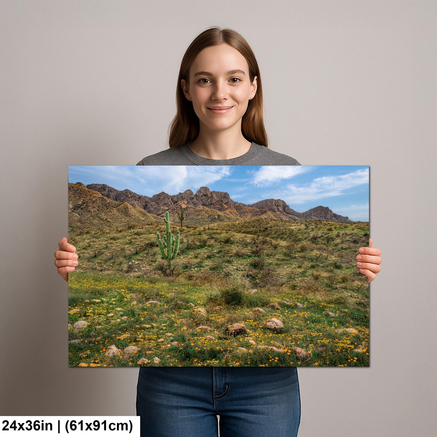 Arizona Desert Spring Wildflowers, Saguaro Mountain Landscape Wall Art, Sonoran Nature Photography Print