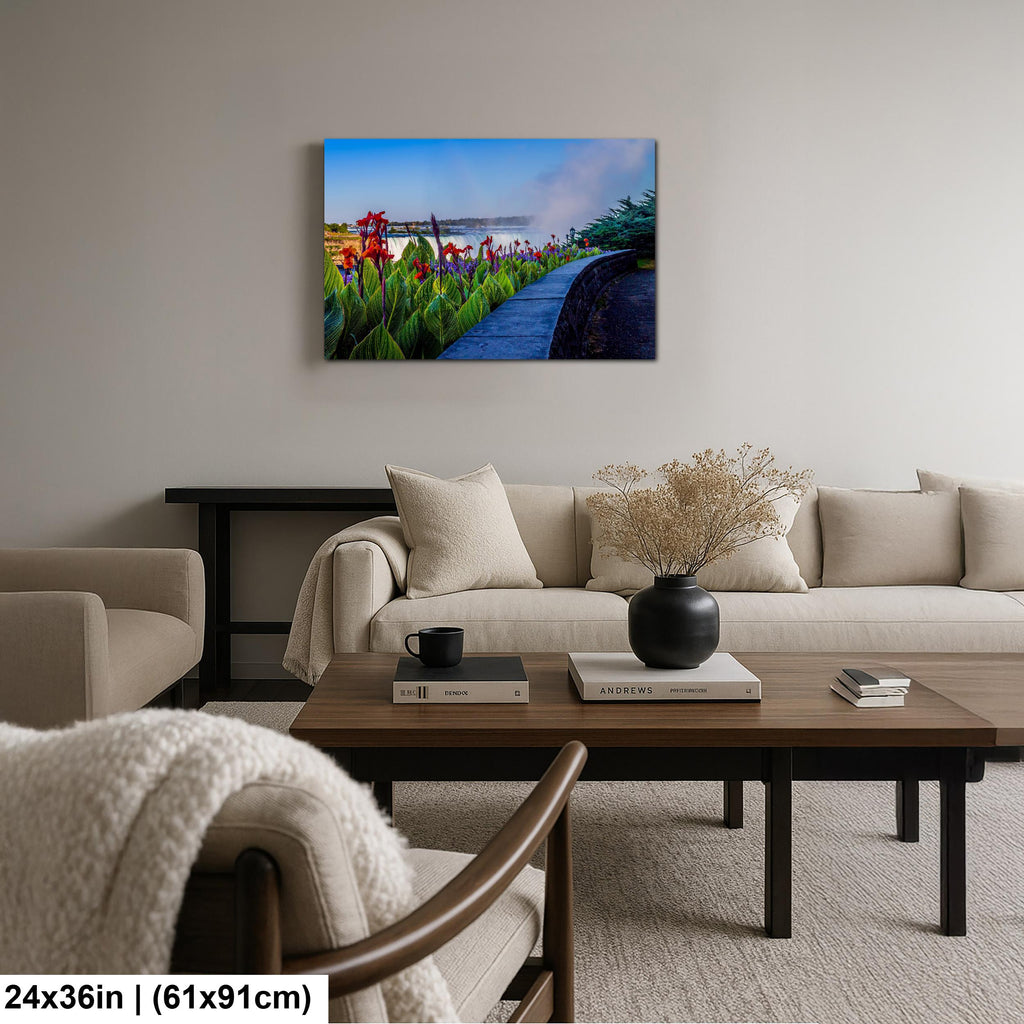 Niagara Falls Garden Overlook Photography Print, Ontario Canada Wall Art, Red Flowers Waterfall Decor