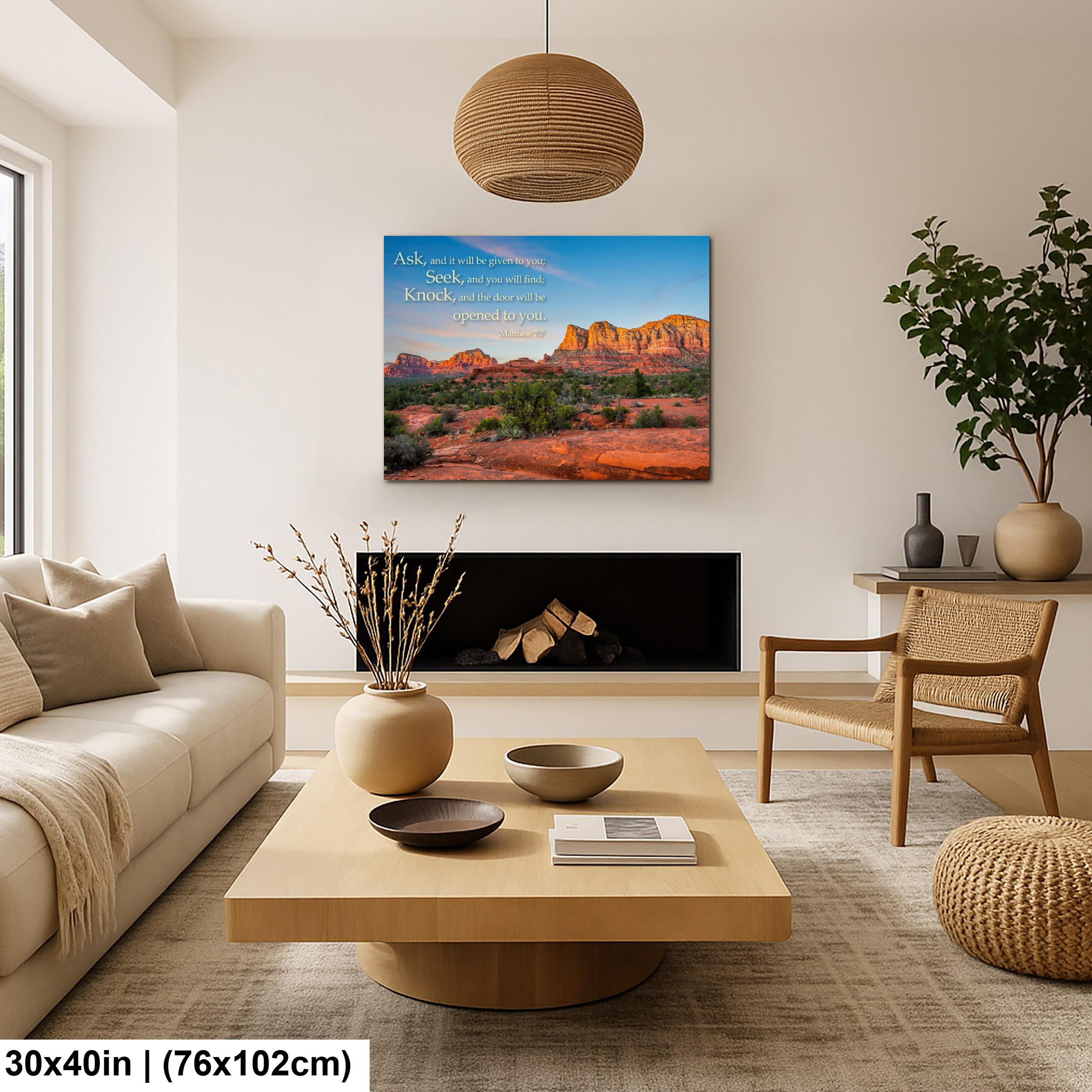 Matthew 7:7 Inspirational Bible Verse Wall Art for Faith and Perseverance, Sedona Red Rock Landscape Photography Wall Art