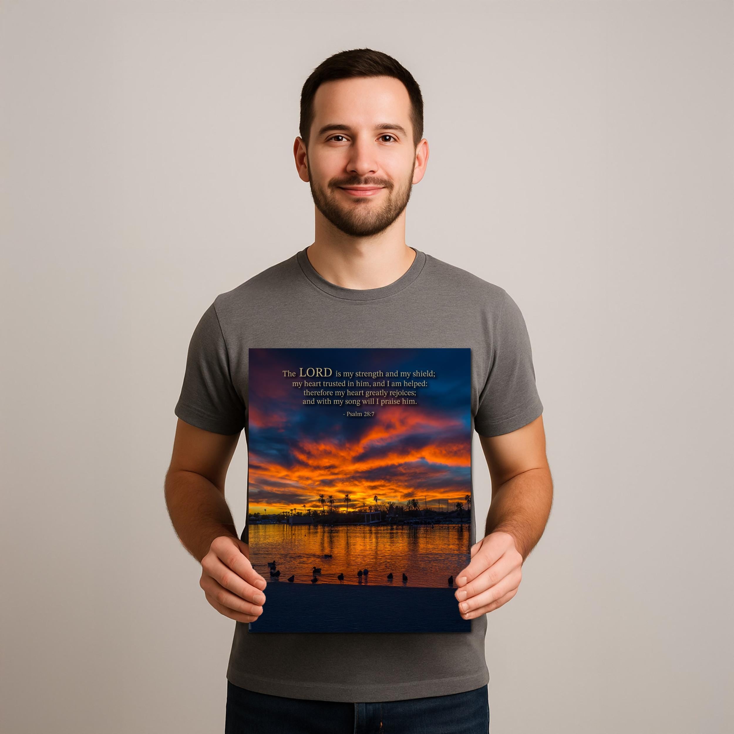 Christian Wall Art – Psalm 28:7 Bible Verse Print | Arizona Sunset Art Decor
