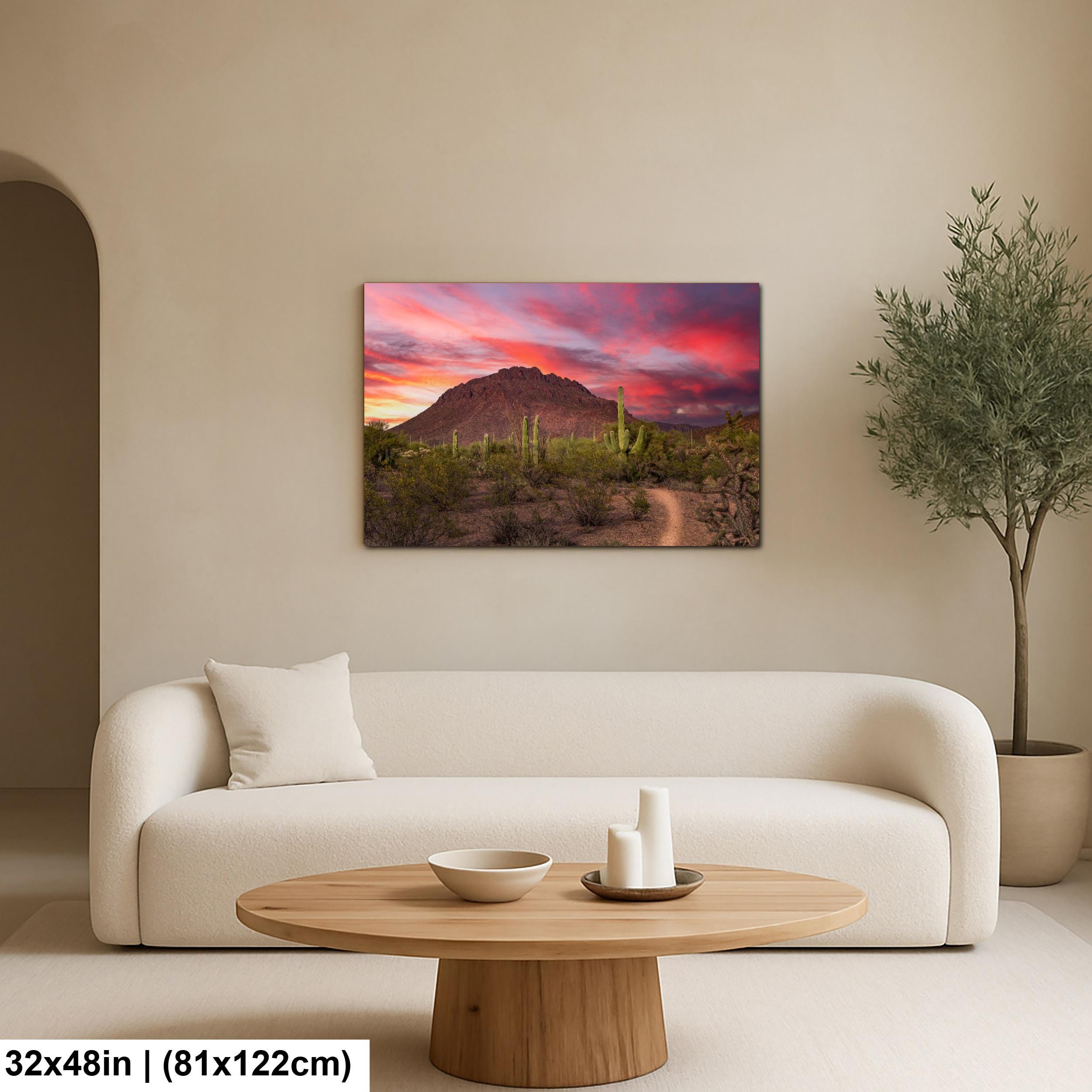 Fiery Desert Sunset with Saguaros, Tucson Arizona Photography Print, Southwest Wall Art, Dramatic Sky Decor