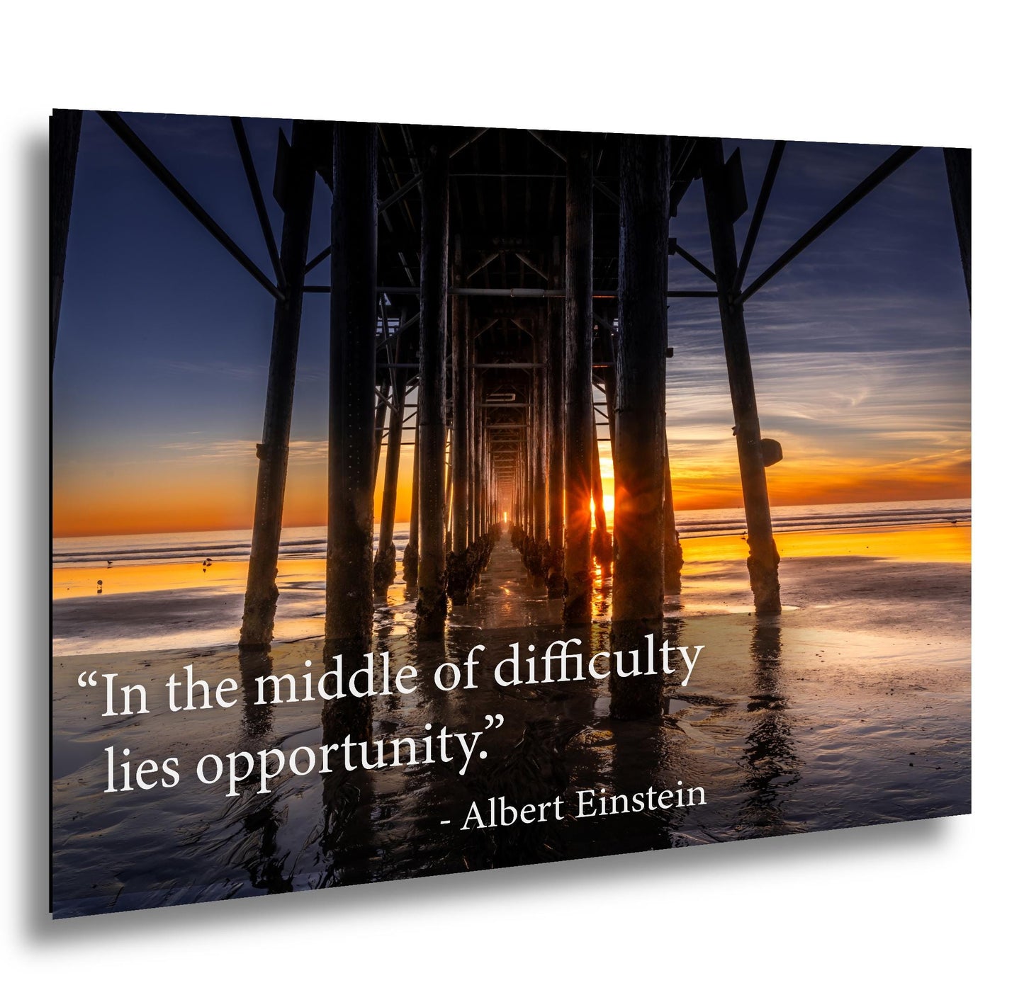 Albert Einstein Difficulty Opportunity Pier Sunset Motivational Photography Print