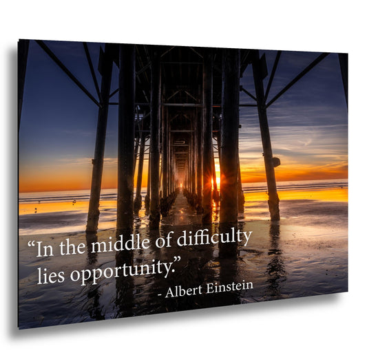 Albert Einstein Difficulty Opportunity Pier Sunset Motivational Photography Print