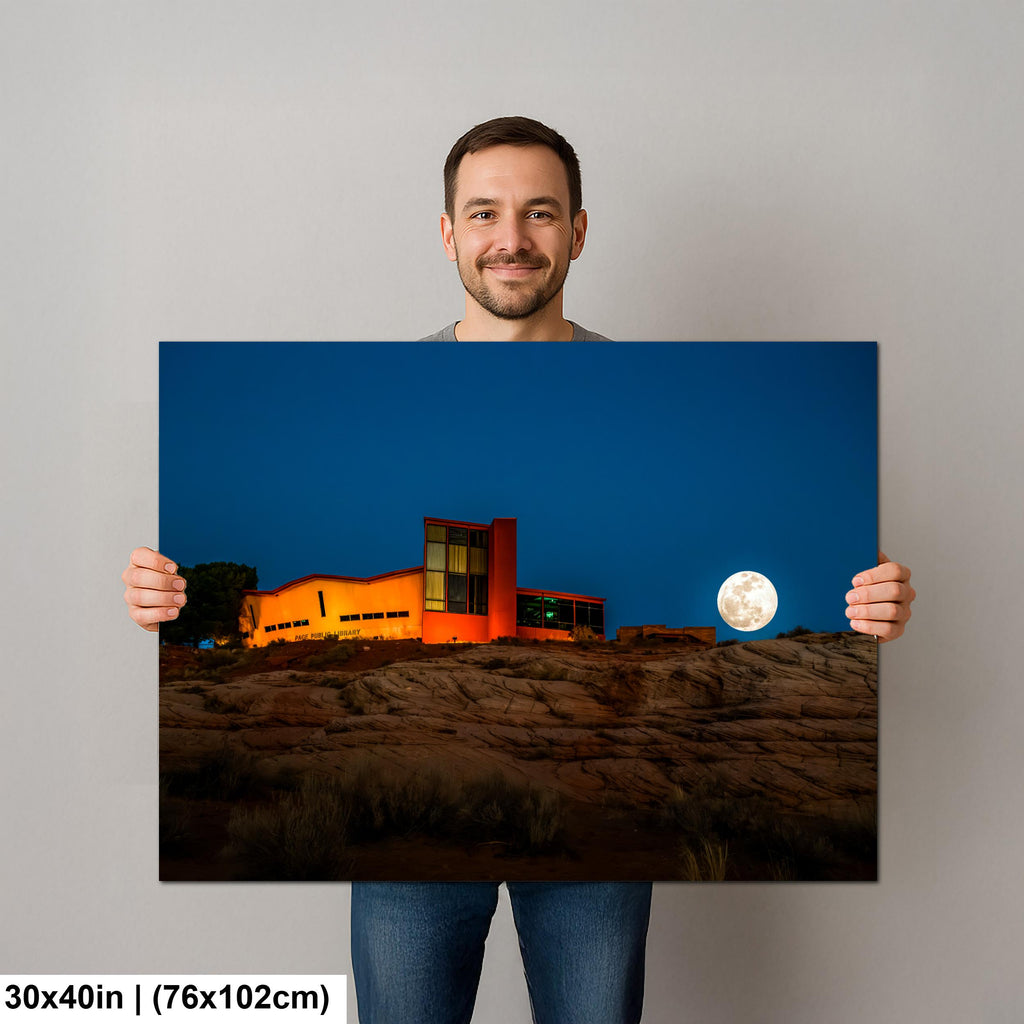 Full Moon Over Page Public Library Arizona Photography Print, Horseshoe Bend Area Moonrise, Modern Architecture Landscape