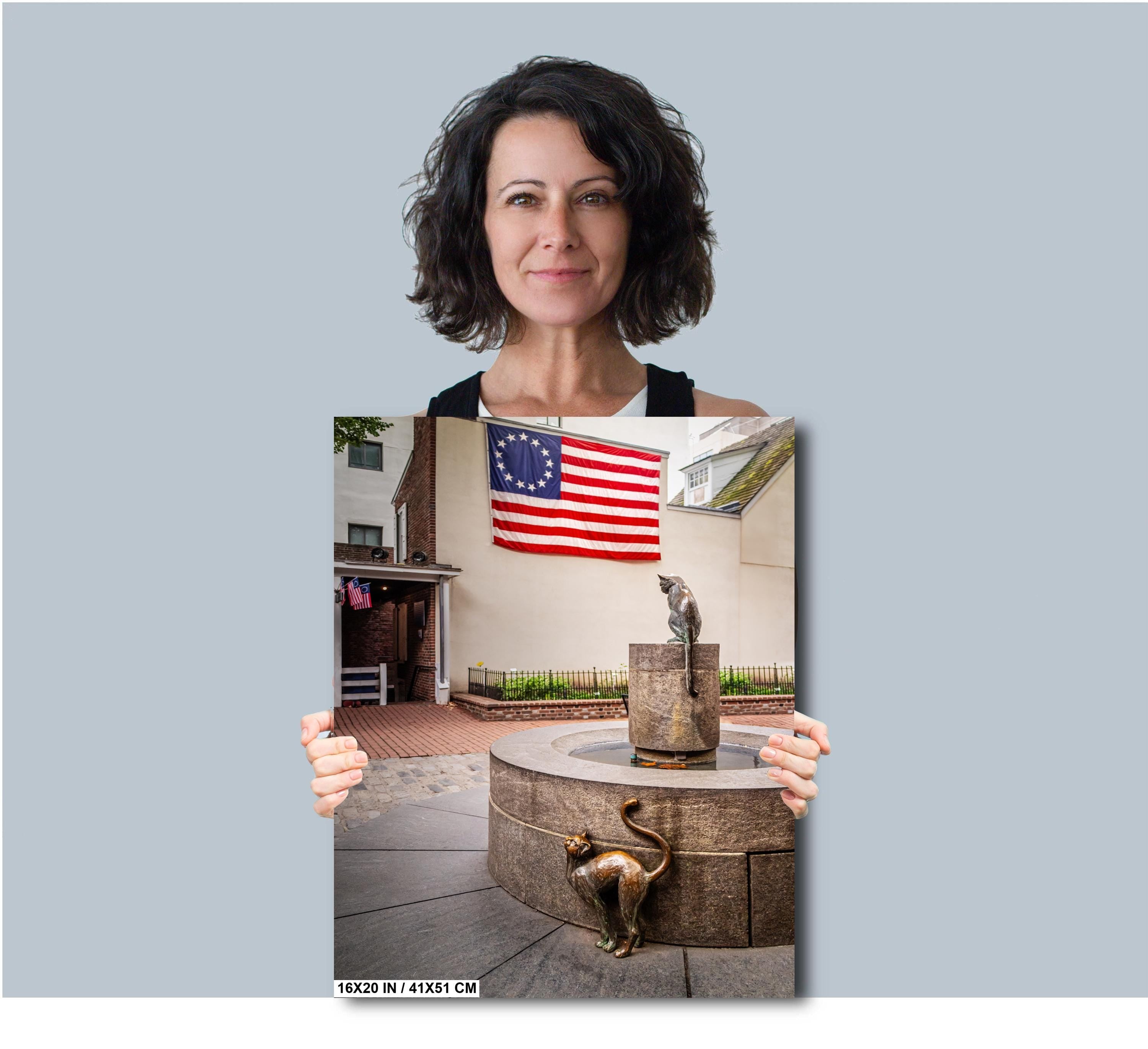 Betsy Ross Home Cat Statue Print: Philadelphia Patriotic Wall Art
