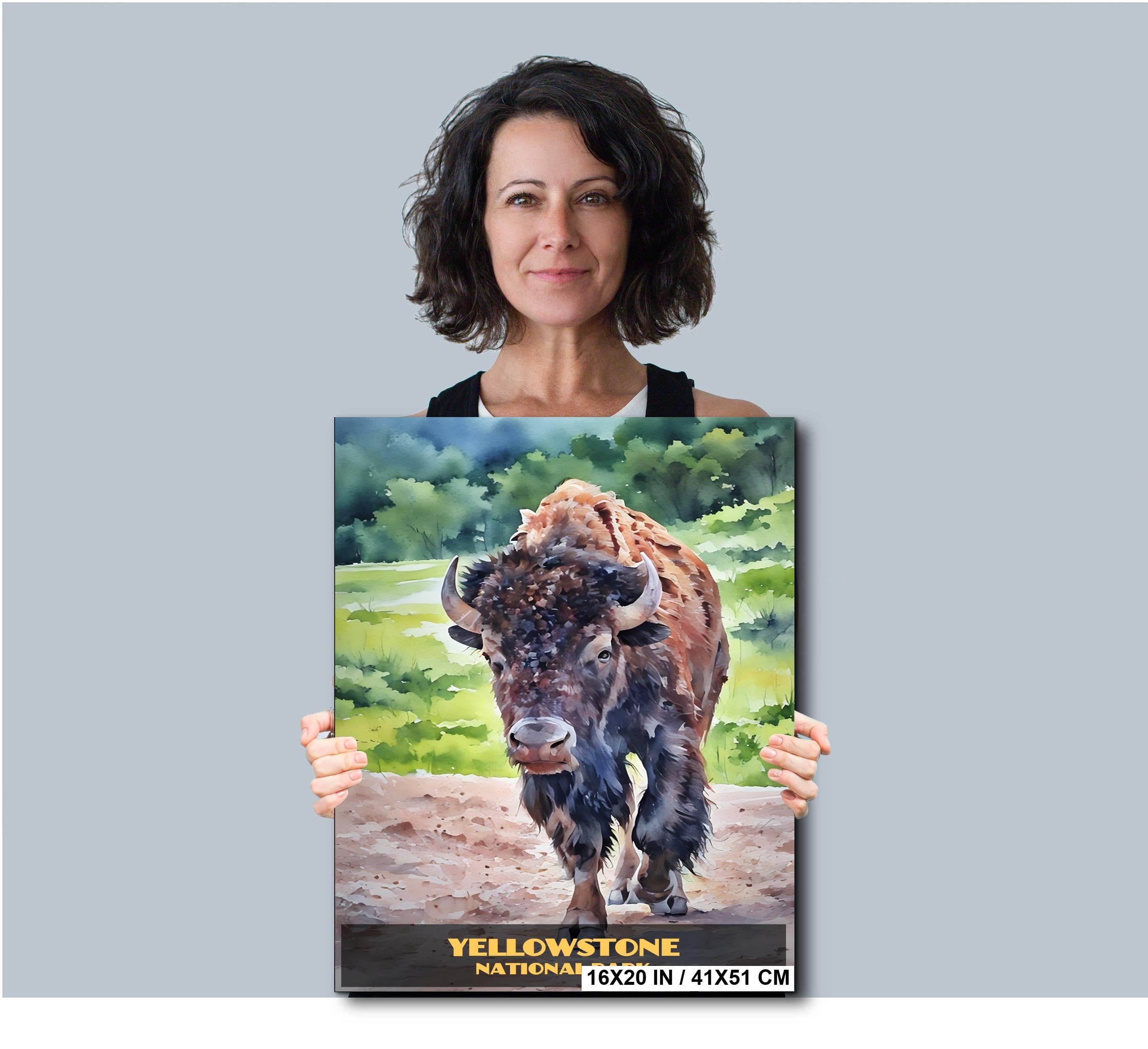 Yellowstone Bison Watercolor Style: Wyoming Wildlife Photography Wall Art