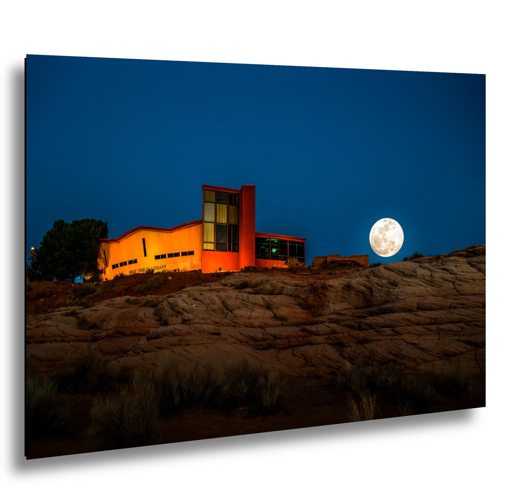 Full Moon Over Page Public Library Arizona Photography Print, Horseshoe Bend Area Moonrise, Modern Architecture Landscape