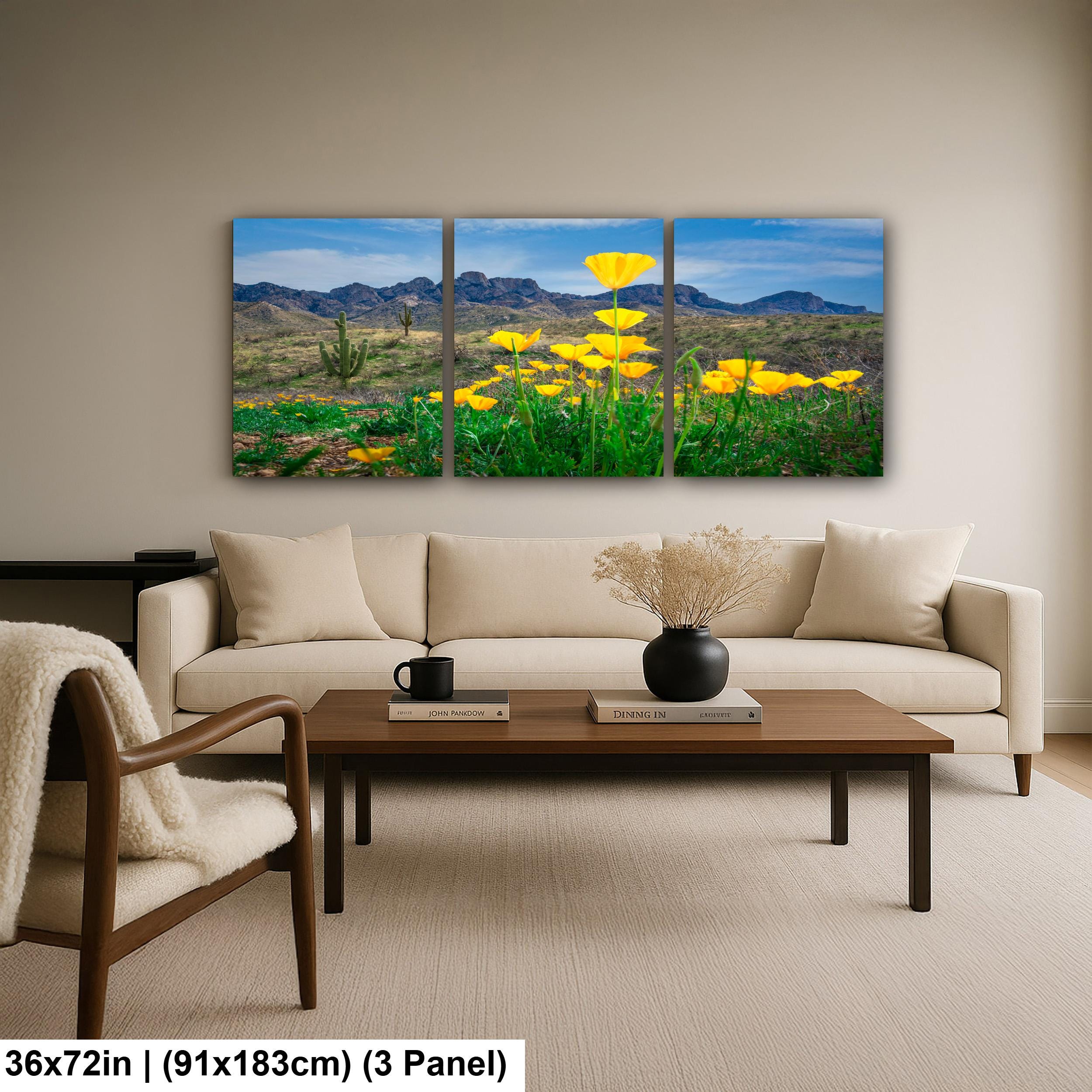 Arizona Poppies in Bloom with Saguaros and Mountains - Catalina State Park Tucson Photography Print