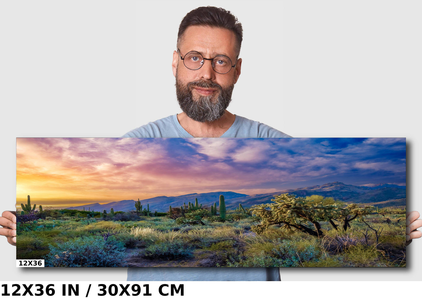 a man holding up a picture of a desert landscape