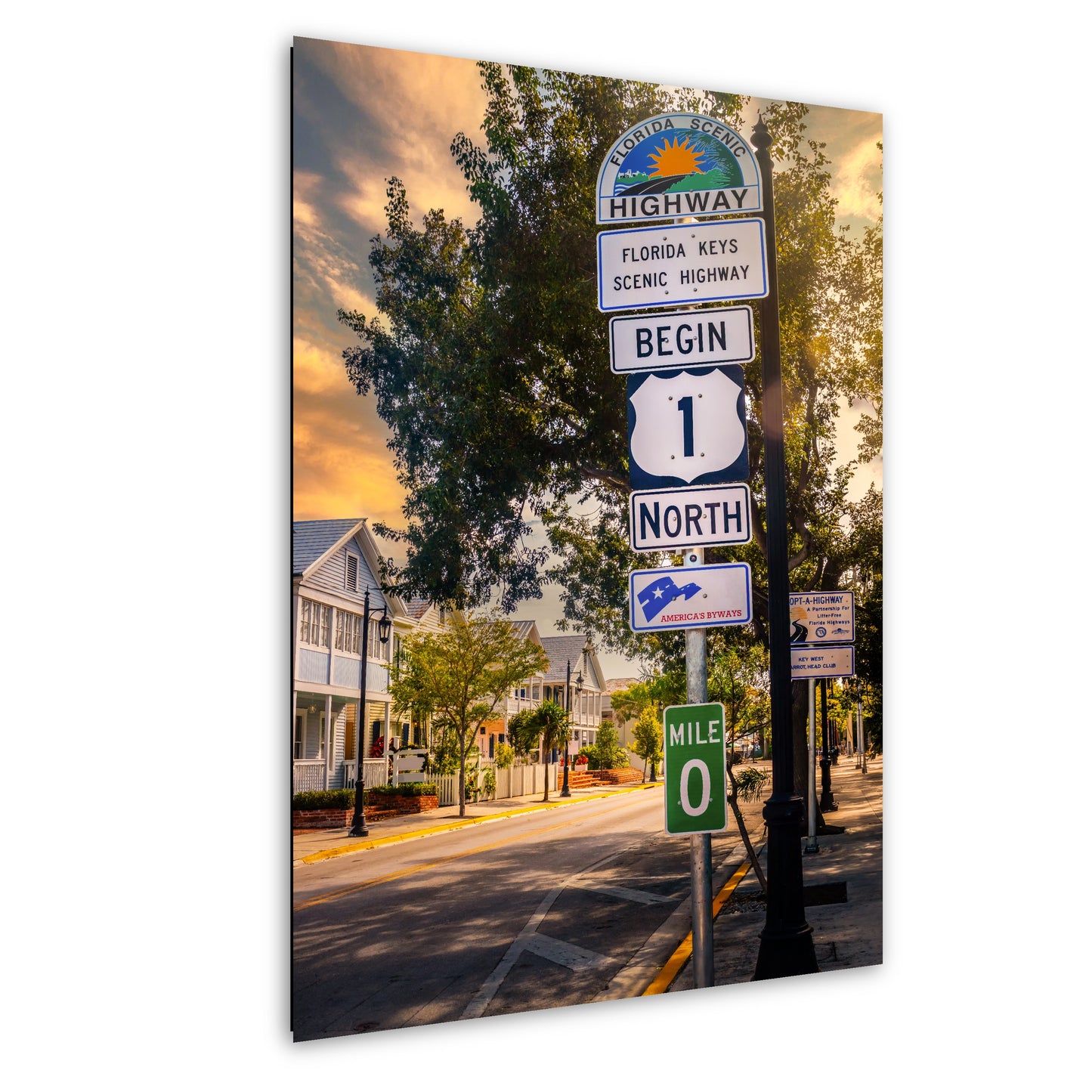 Key West Highway 1 Sign: Florida Keys Scenic Highway Mile 0 Zero America's Byways Print Wall Art Photography Aluminum/Acrylic/Metal/Canvas