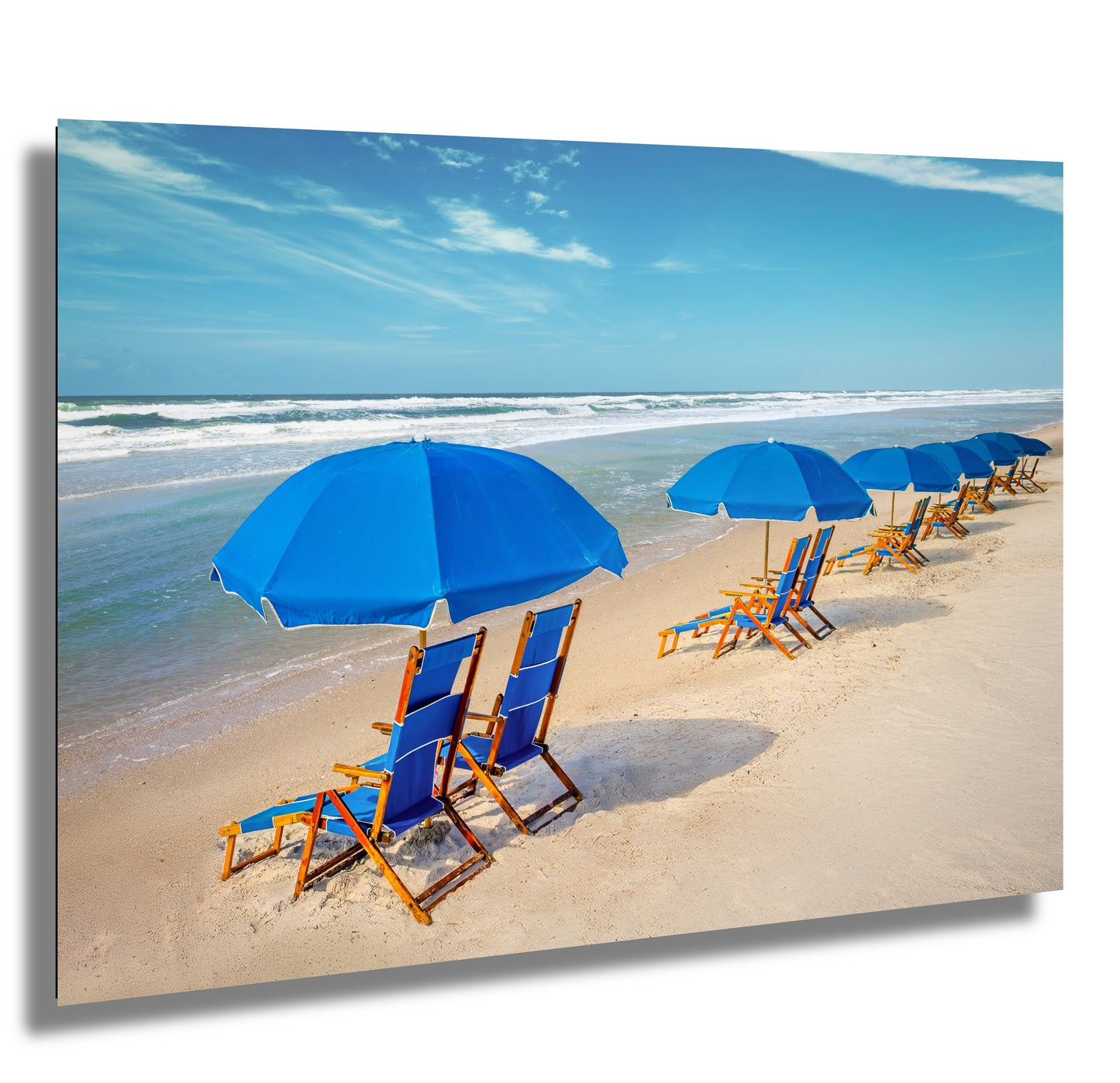 Seaside Escapade:  Blue Umbrella Beach Florida Seascape Photography Metal Canvas Wall Art Print