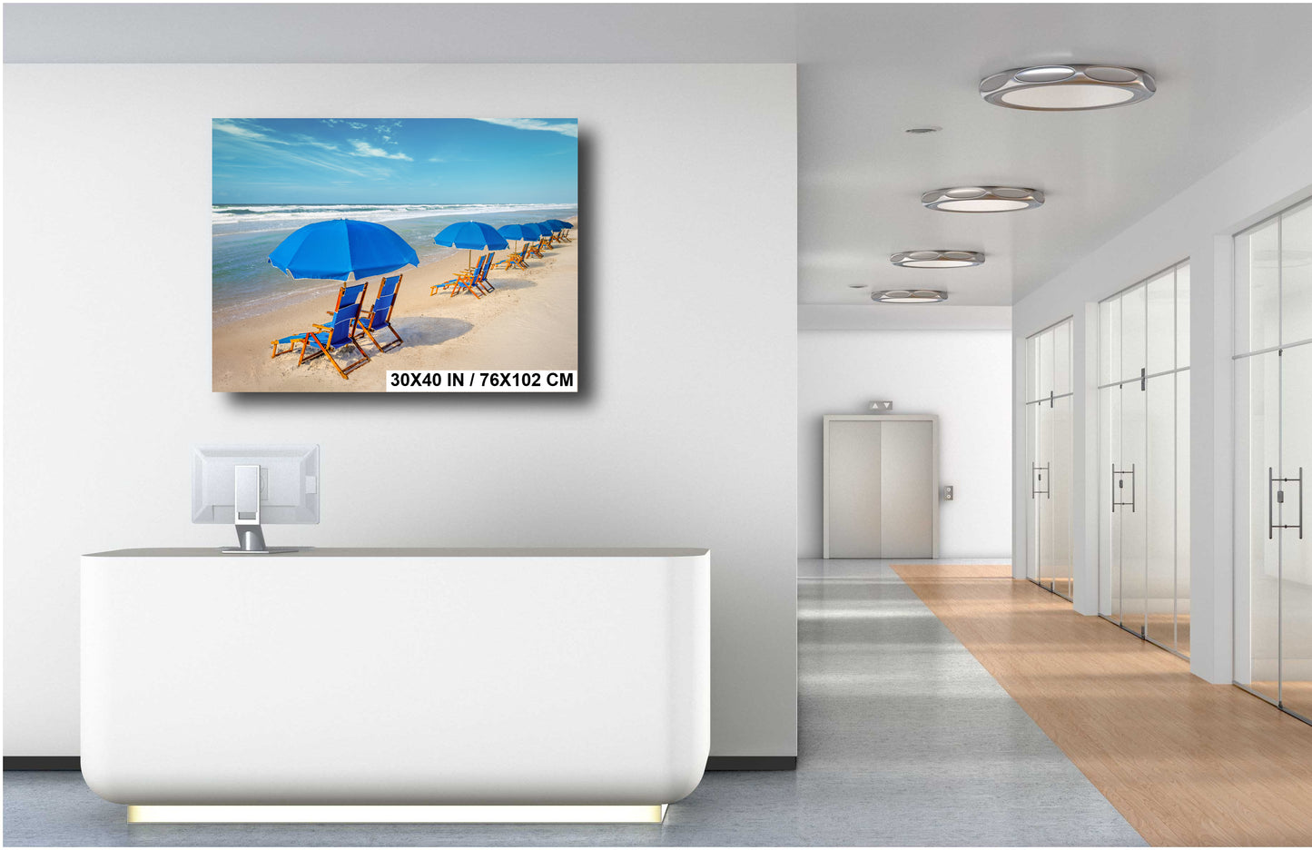 Seaside Escapade:  Blue Umbrella Beach Florida Seascape Photography Metal Canvas Wall Art Print