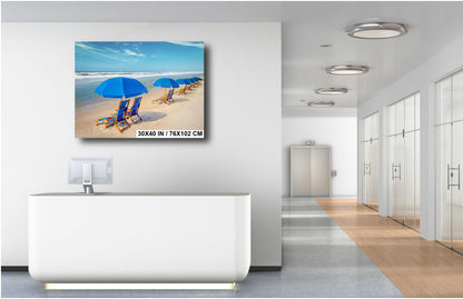 Seaside Escapade:  Blue Umbrella Beach Florida Seascape Photography Metal Canvas Wall Art Print