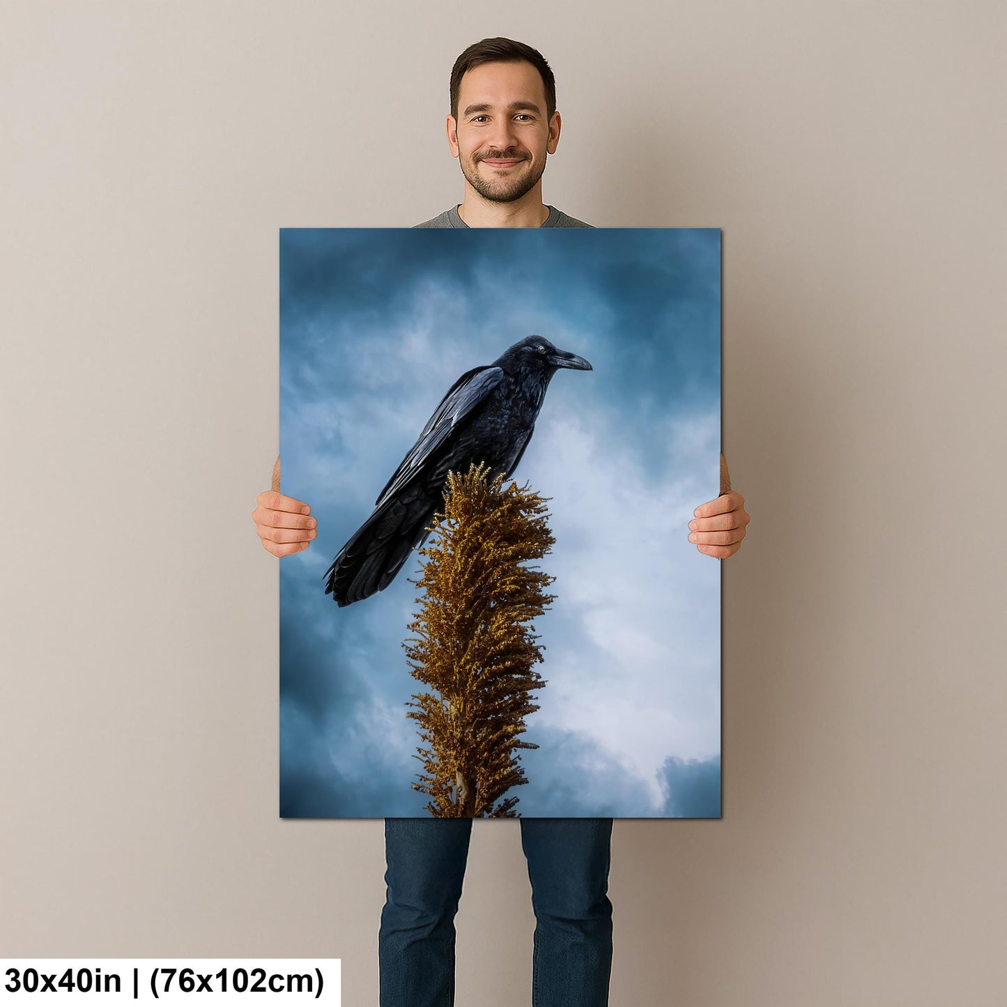 Raven Perched on Golden Agave Stalk - Dramatic Bird Wildlife Photography Print