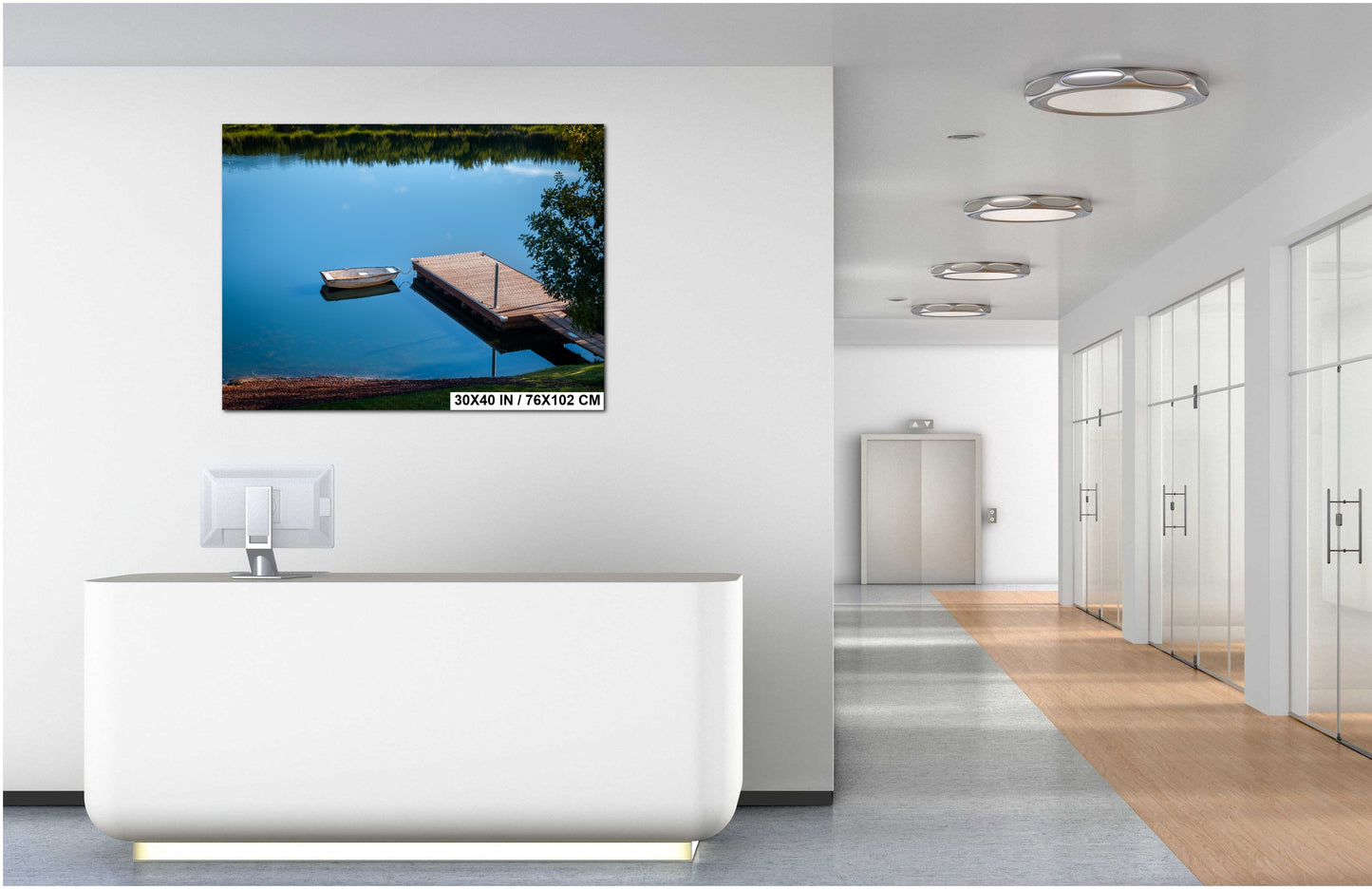 Oregon Lake Rowboat at Wooden Dock Wall Art Canvas Print, Calm Water Reflection Nature Decor, Pacific Northwest Landscape Metal Fine Art