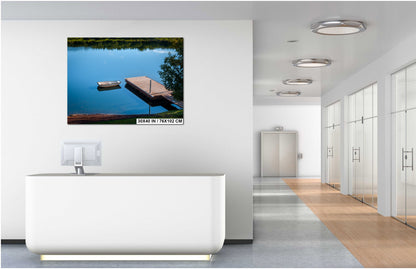 Oregon Lake Rowboat at Wooden Dock Wall Art Canvas Print, Calm Water Reflection Nature Decor, Pacific Northwest Landscape Metal Fine Art