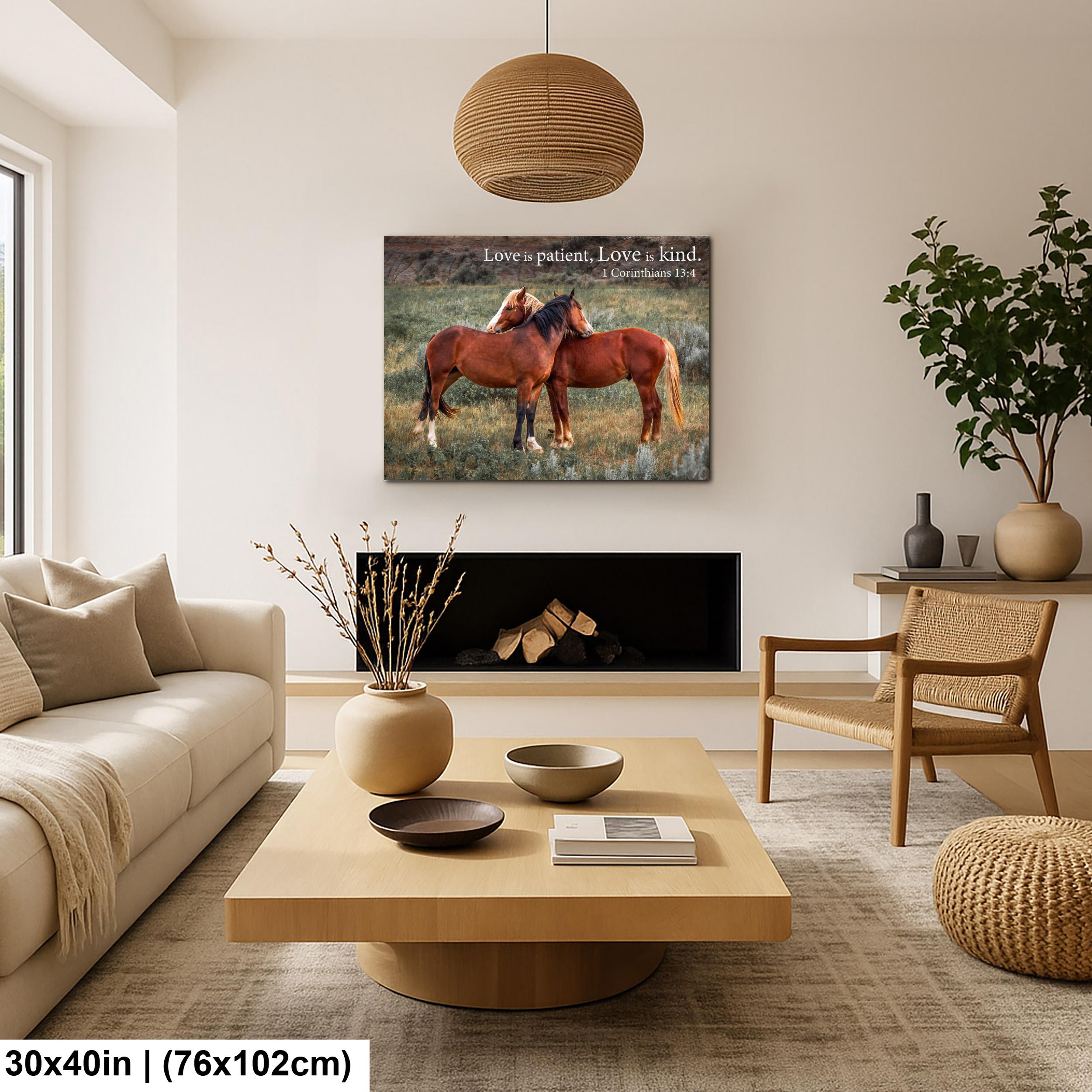 1 Corinthians 13:4 Love Is Patient Love Is Kind Bible Quote, Wild Horses Photography Print, Christian Wall Decor
