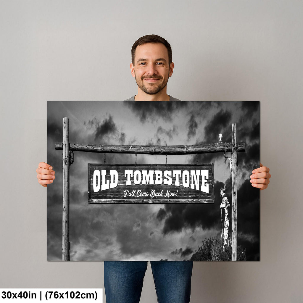 Old Tombstone Sign Photography Print Wall Art Black and White, Wild West Entrance Landmark Arizona