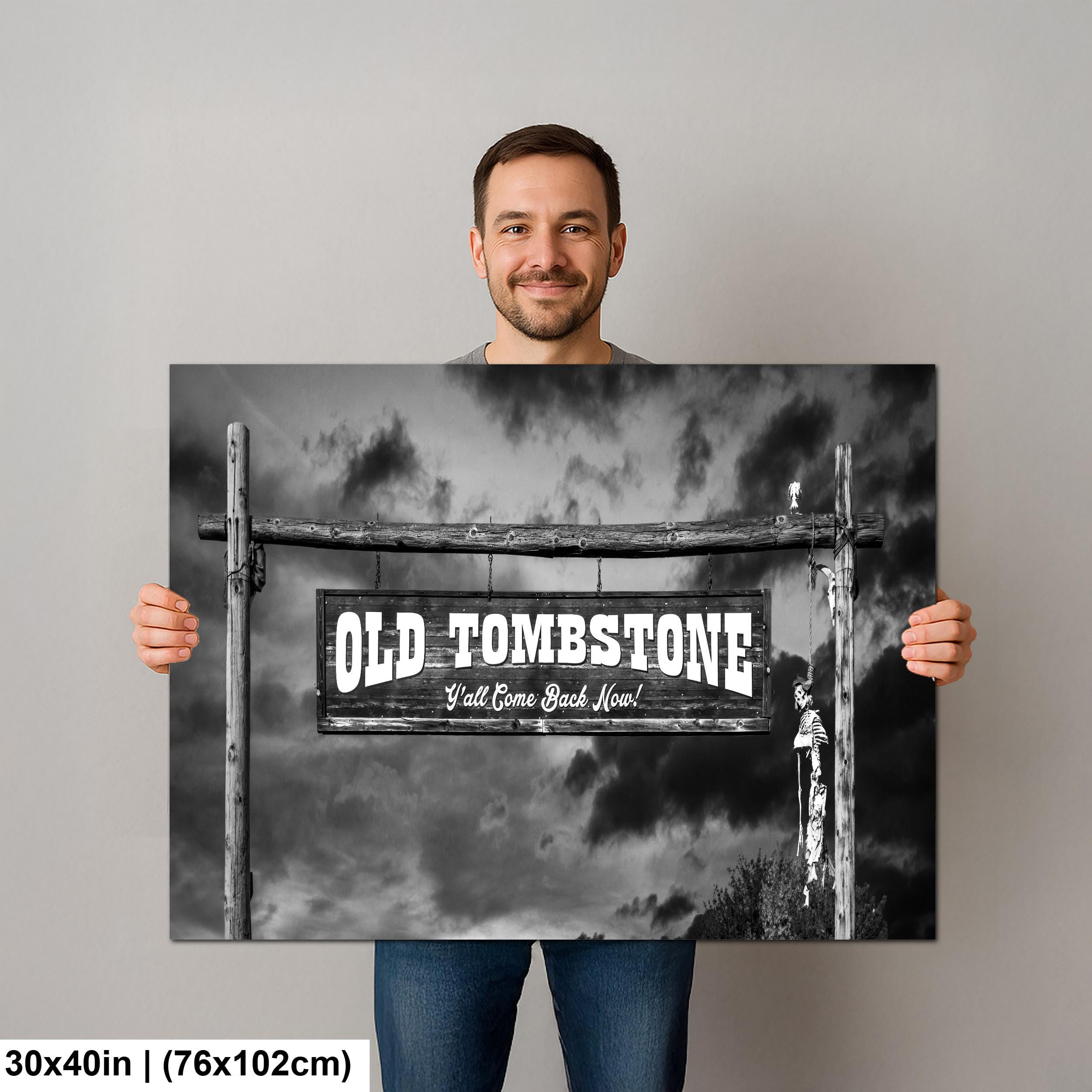 Old Tombstone Sign Photography Print Wall Art Black and White, Wild West Entrance Landmark Arizona