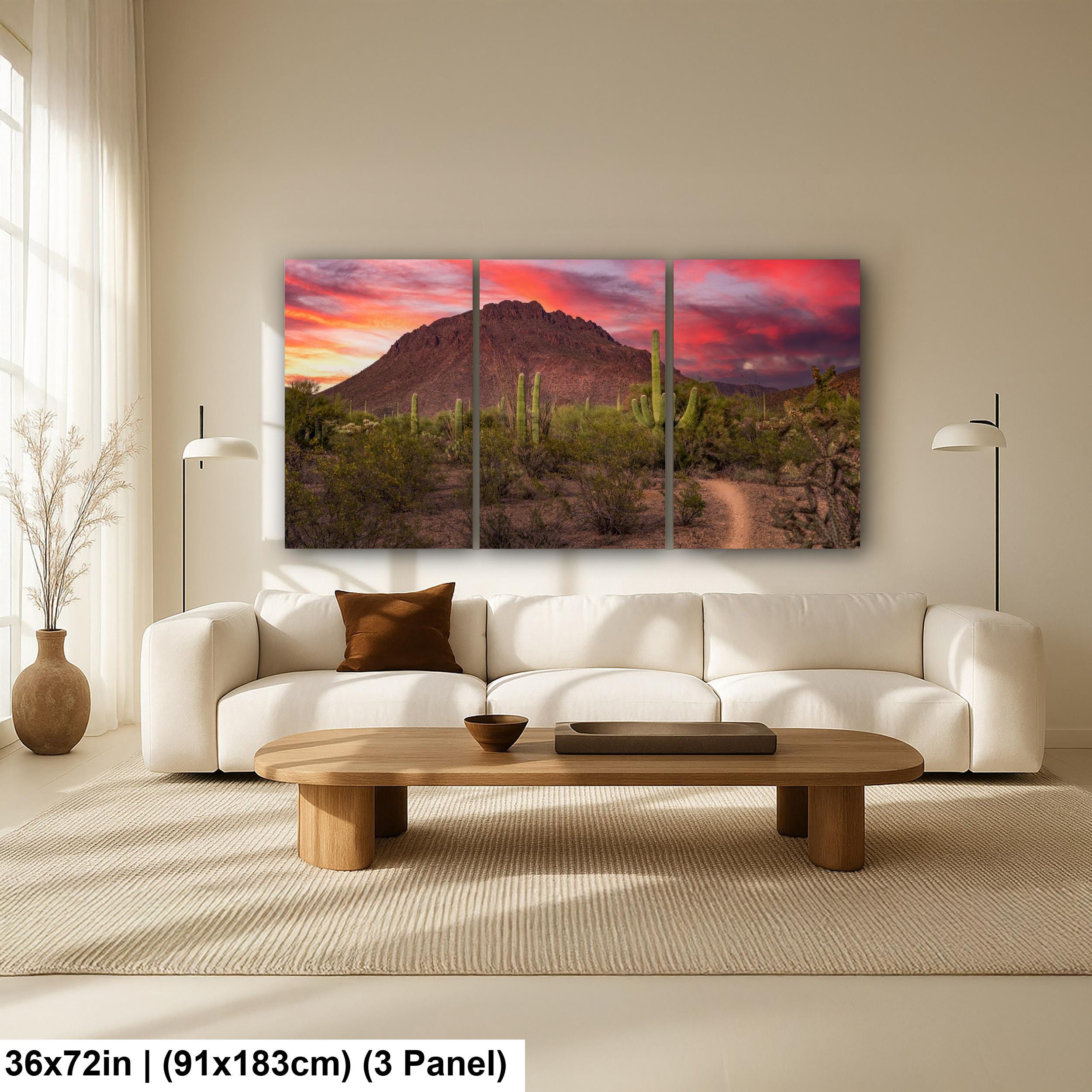 Fiery Desert Sunset with Saguaros, Tucson Arizona Photography Print, Southwest Wall Art, Dramatic Sky Decor