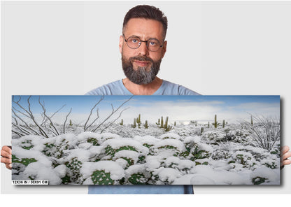 Saguaro Cactus Wall Art – Snowy Desert Print | Tucson Arizona Winter Decor