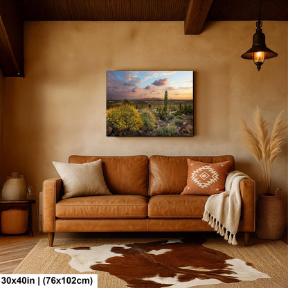 Arizona Sunset Overlook with Saguaros and Wildflowers - Casa Grande Sonoran Desert Photography Print