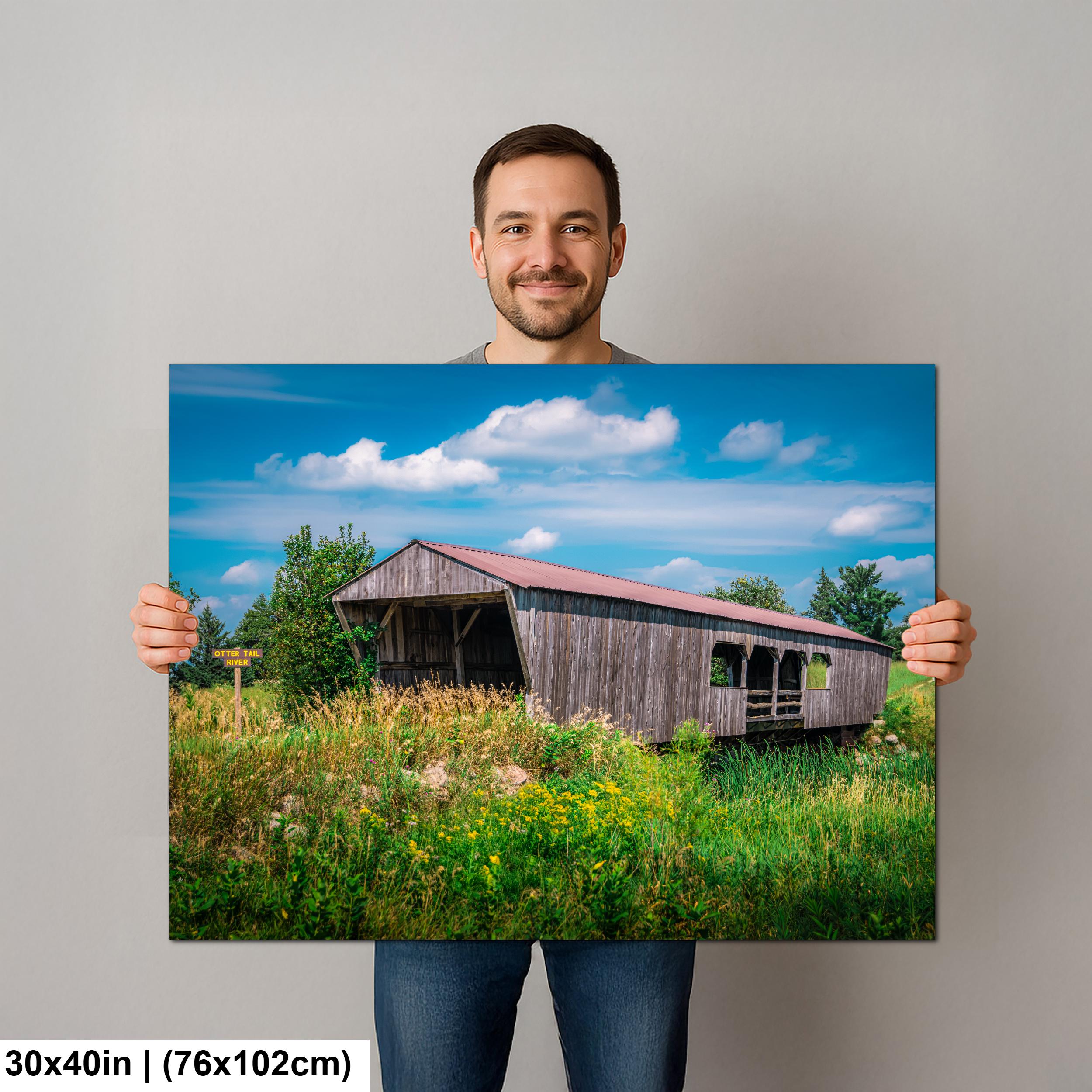 Rustic Covered Bridge Over Otter Tail River Detroit Lakes Minnesota Photography Print