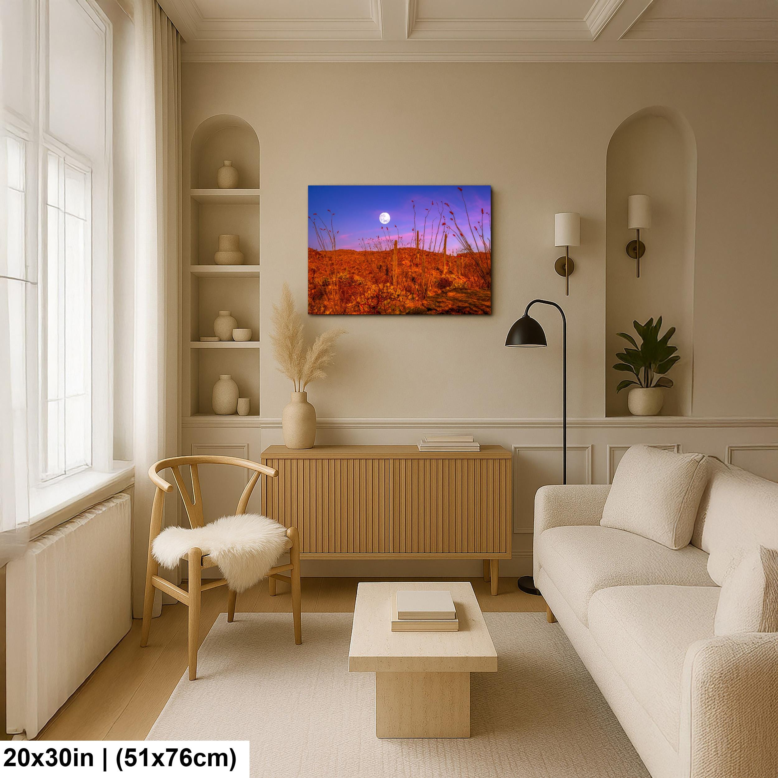 Sonoran Desert Full Moon Print – Saguaros, Ocotillo, Twilight Sky Photography Wall Art