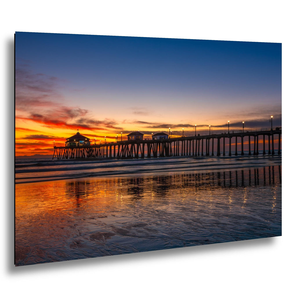 Huntington Beach Pier Sunset, California Coast Ocean Photography Print, Coastal Wall Art, Orange Sky Reflection, Beach Home Decor