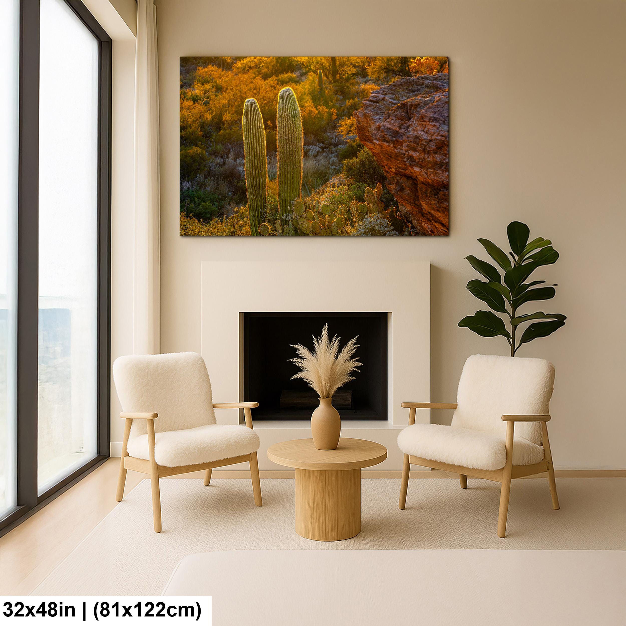 Golden Hour Saguaros Beside Desert Rock Formation Tucson Arizona Photography Print