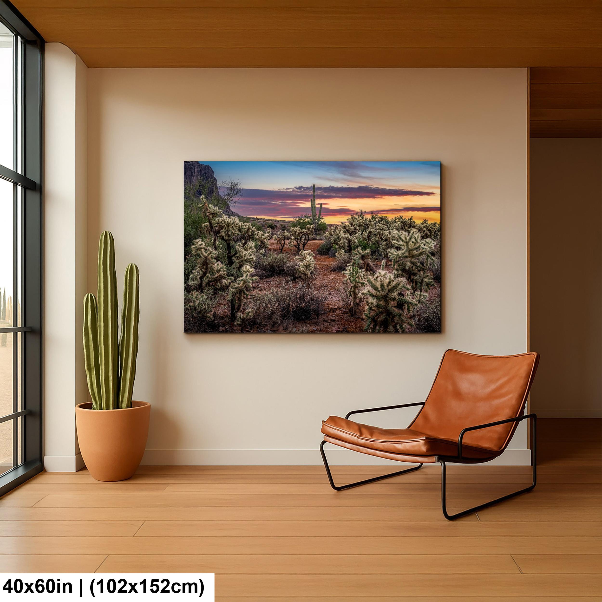 Desert Sunset Photograph, Cholla Cactus and Saguaros, Arizona Landscape Wall Art