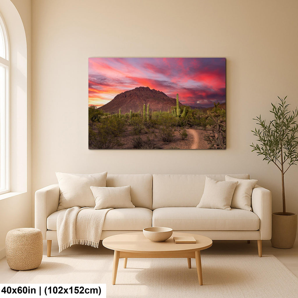 Fiery Desert Sunset with Saguaros, Tucson Arizona Photography Print, Southwest Wall Art, Dramatic Sky Decor