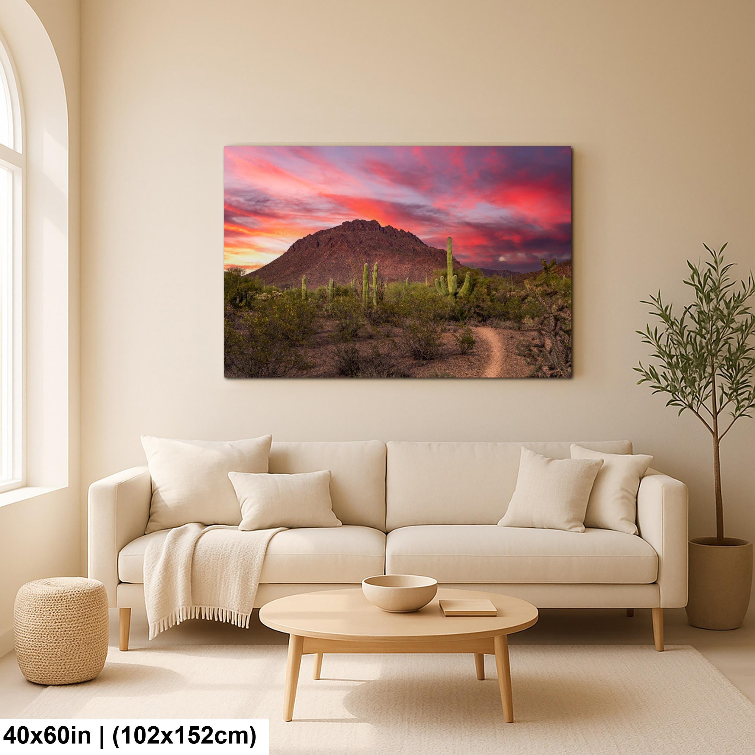 Fiery Desert Sunset with Saguaros, Tucson Arizona Photography Print, Southwest Wall Art, Dramatic Sky Decor